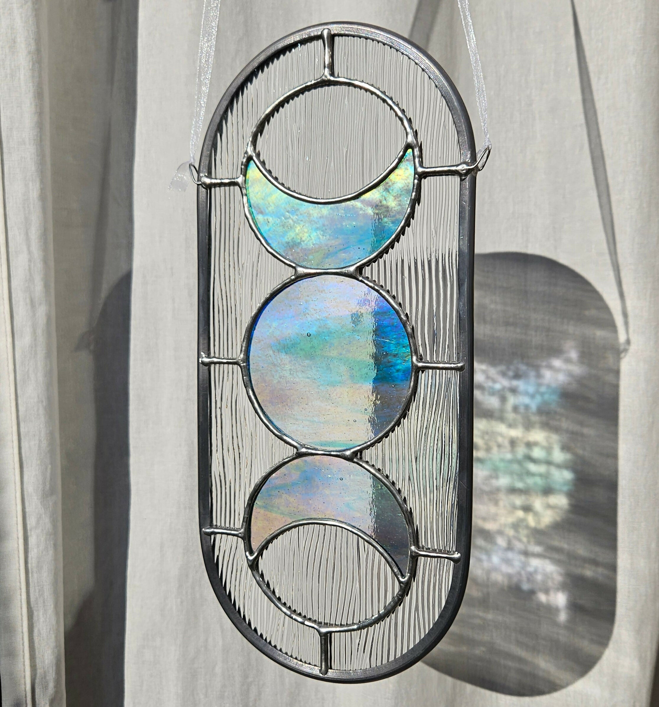 Iridescent & Clear Corded Moon-Phase Stained Glass Panel