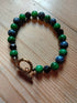 Gold effect Tibetan Silver toggle Catch Bracelet with Pea Green Chalcedony, Faceted Navy Goldstone and Blue Spotted Jasper.