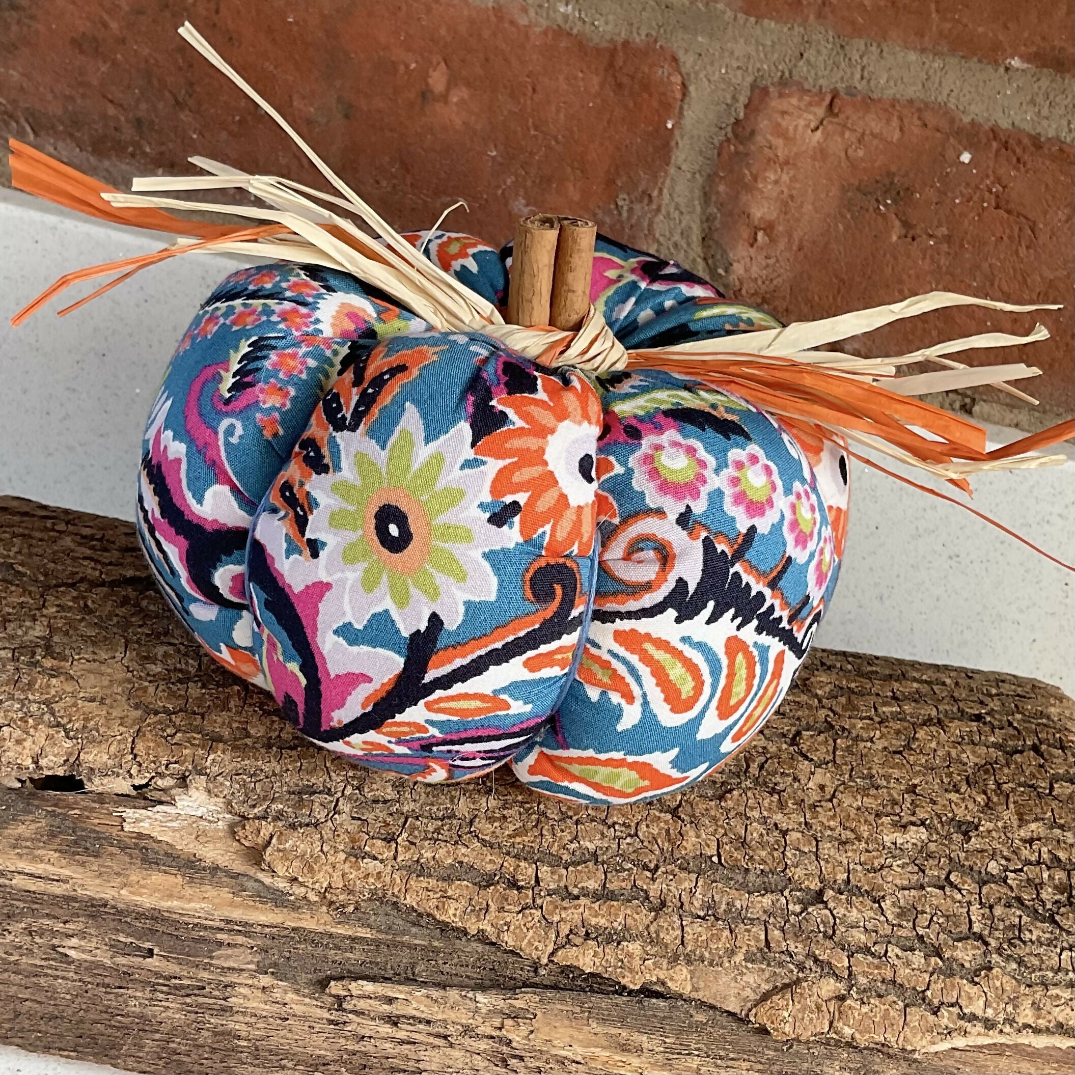 Bright Upcycled Pumpkin Decoration, Colourful Patterned Fabric Ornaments