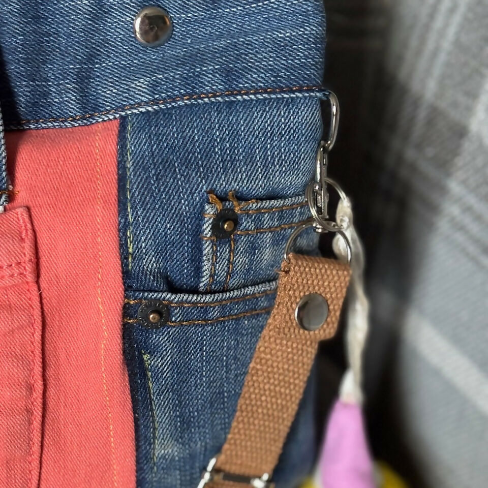 Unique Bag Handbag Made From Upcycled Jeans And Fabric With Detachable Handle And Gonk Decoration