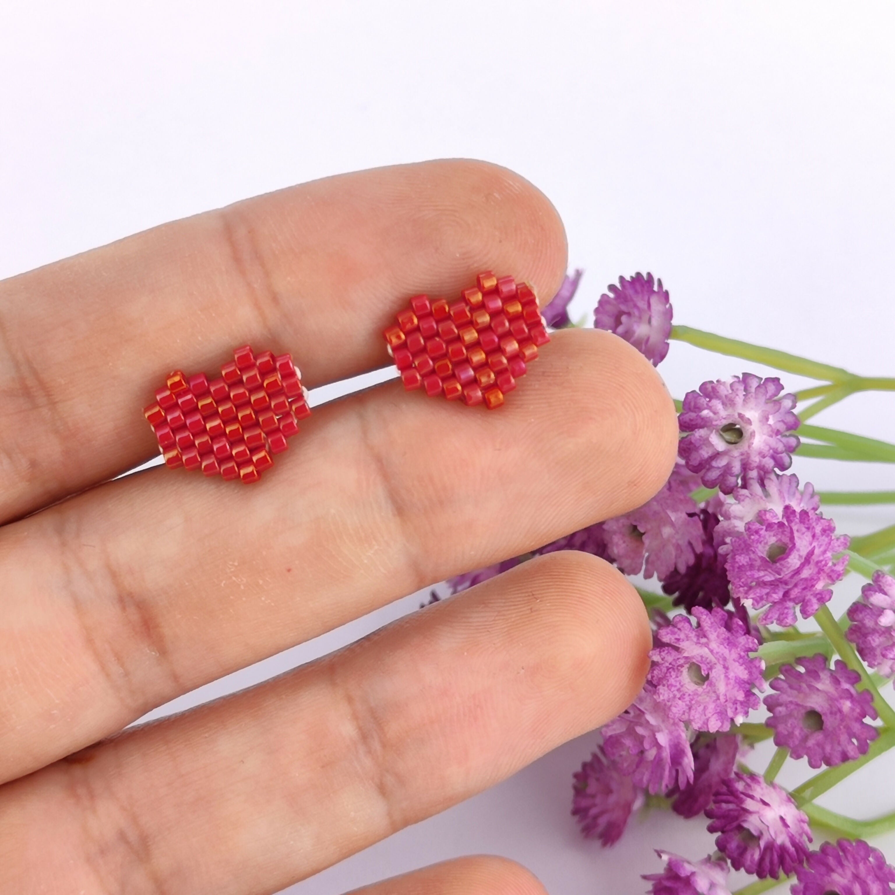 Handwoven Beaded Stud Earrings - Hearts