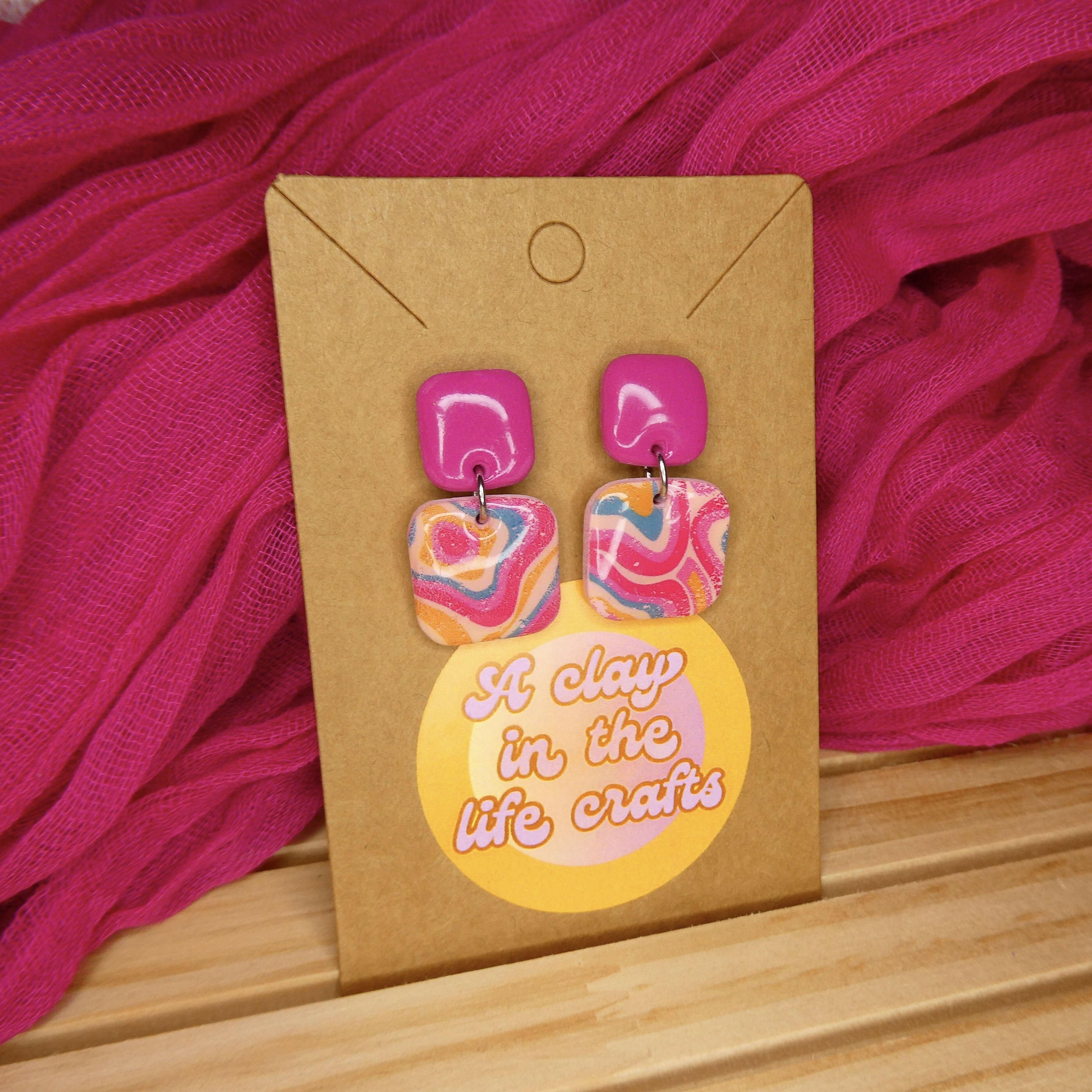 Pink And Swirly Square Polymer Clay Earrings