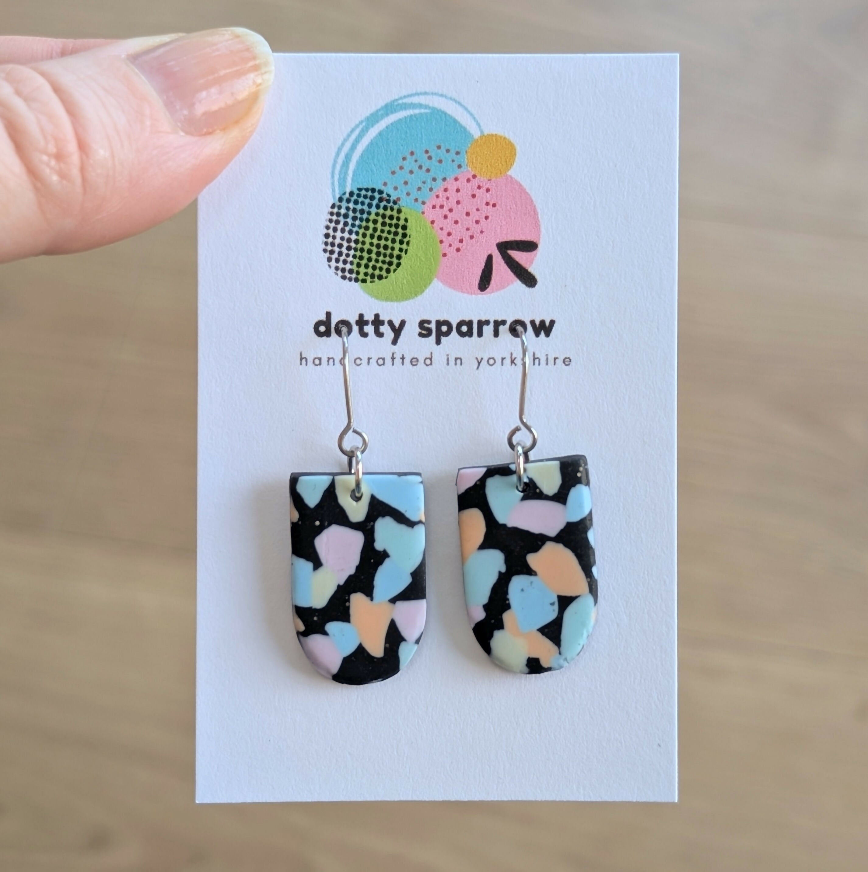 Black & Pastel Terrazzo Hook Dangle Handmade Polymer Clay Earrings