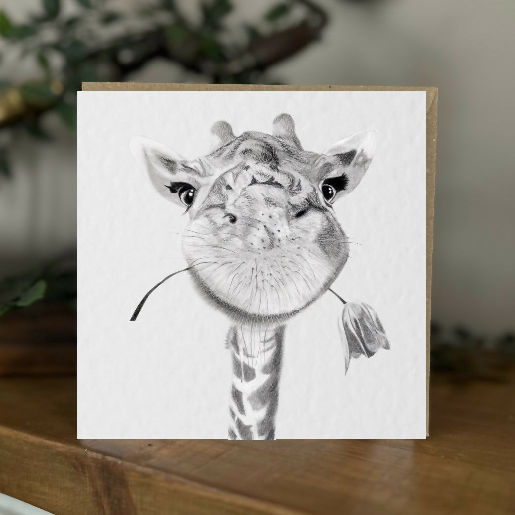 Giraffe with Flower Greeting Card – Cute Animal Art – Blank Inside