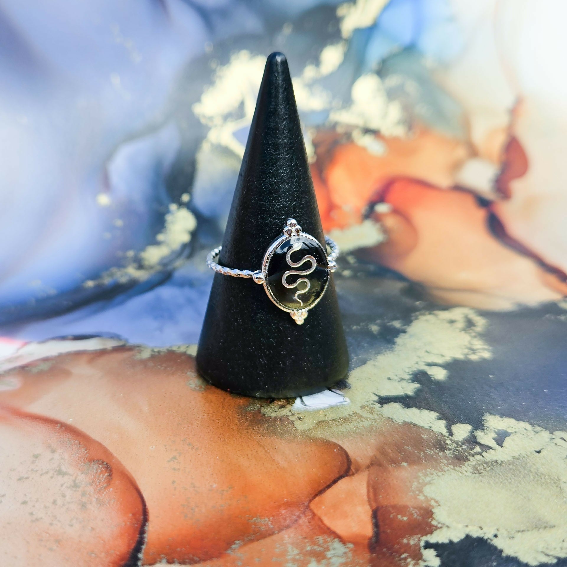 Handmade Black Snakes Resin And Stainless Steel Adjustable Ring