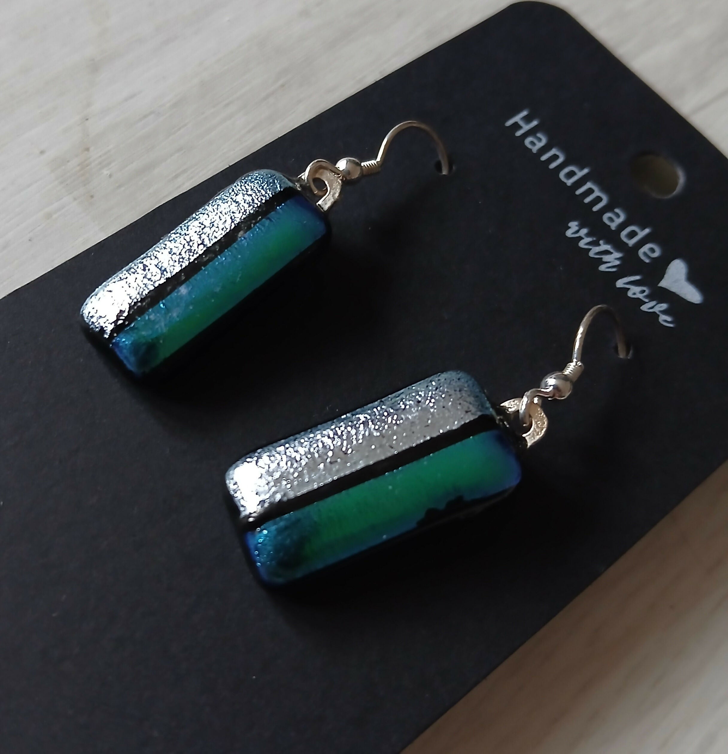 Fused Dichroic Glass Earrings in Silver and Green with Sterling Silver Hooks
