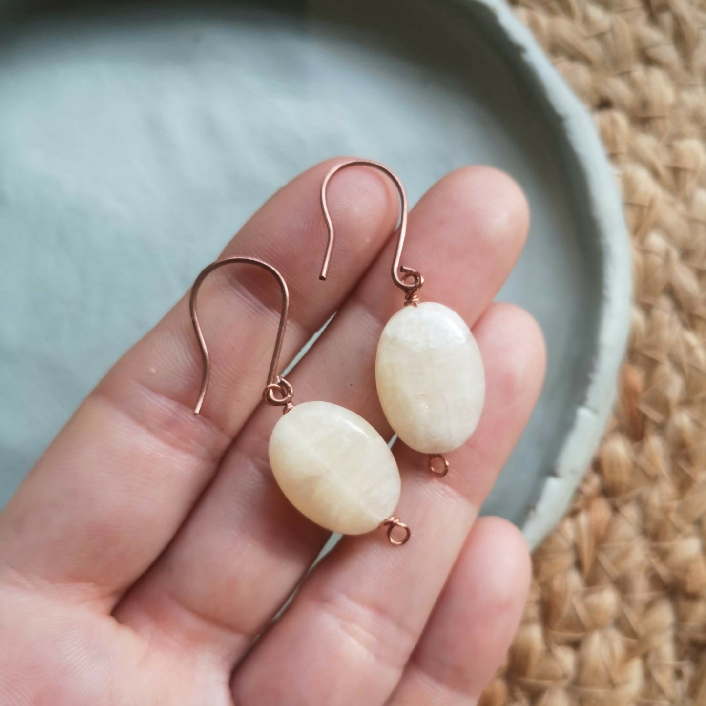 Solar Plexus Dangle Earrings. Made With Orange Calcite & Natural Copper Wire.