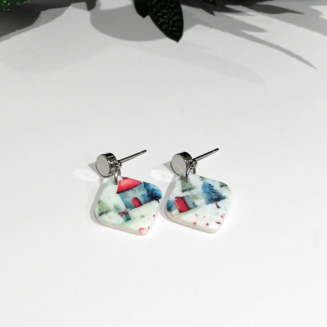 Christmas Village Dangle Earrings - Handmade Polymer Clay - Polly Plant