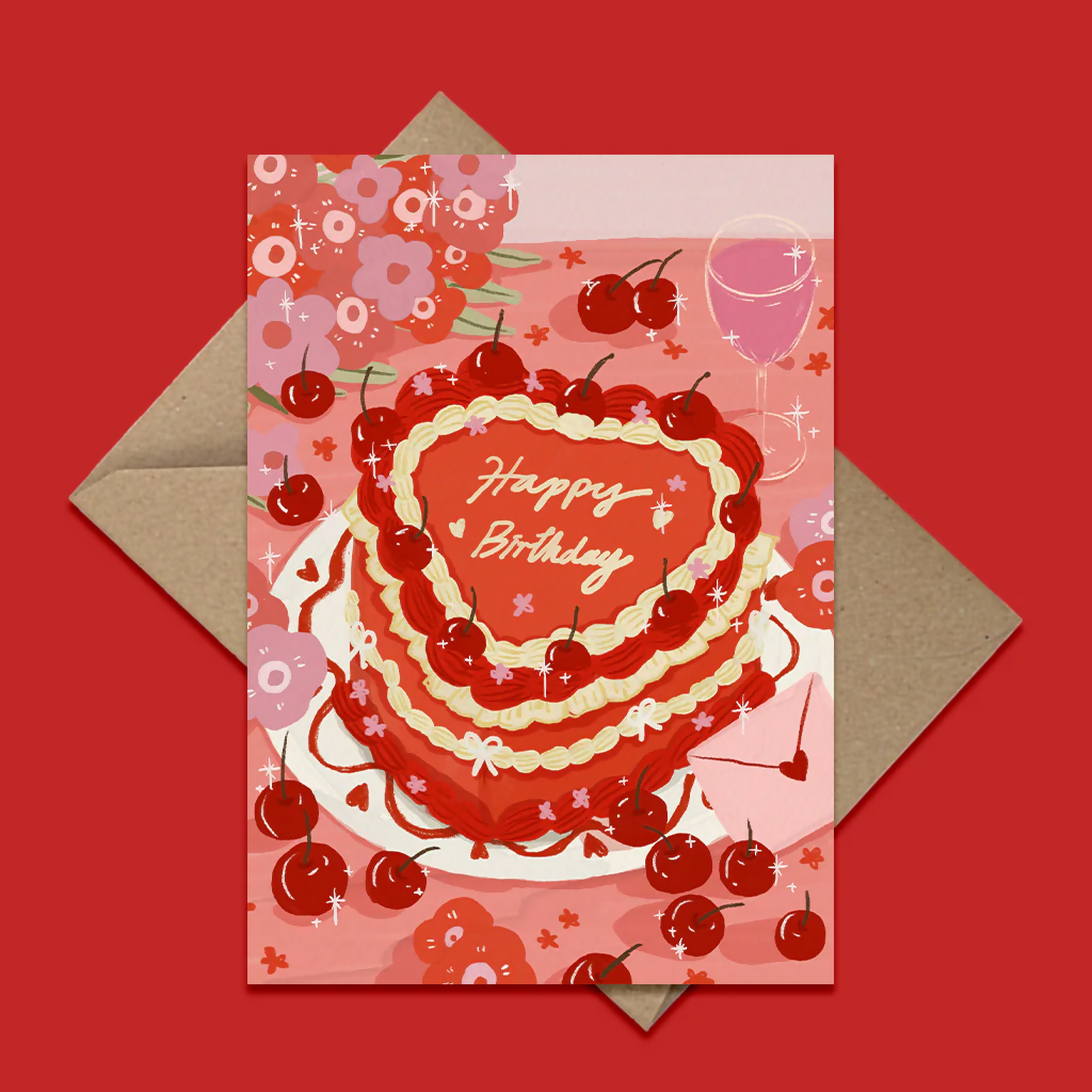 Cherry Heart Cake Birthday Greeting Card