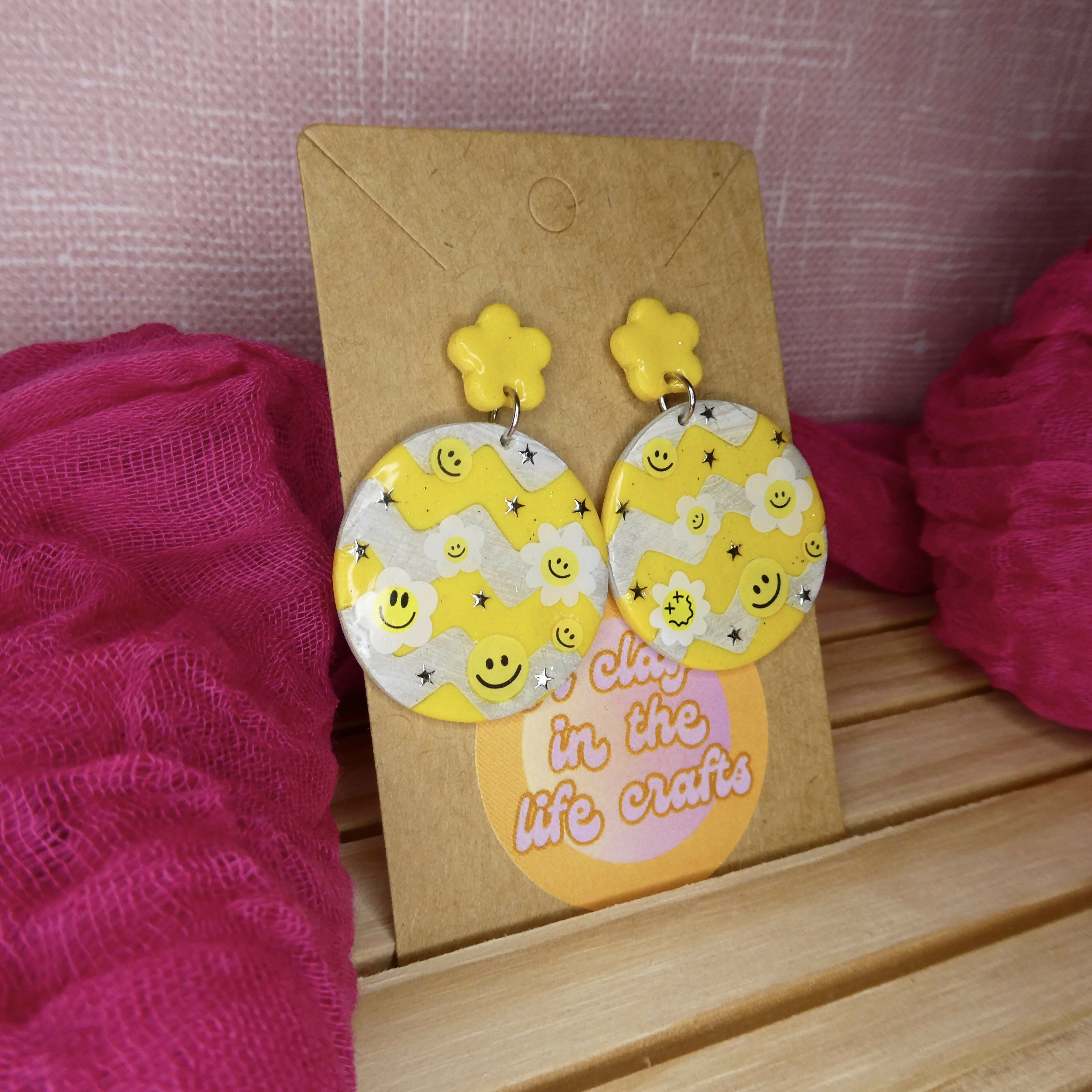 White And Yellow Wavy Smiley Polymer Clay Earrings