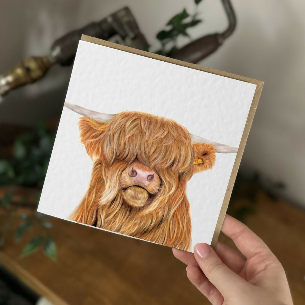 Highland Cow Greeting Card – Handmade Animal Art Card – Blank Inside