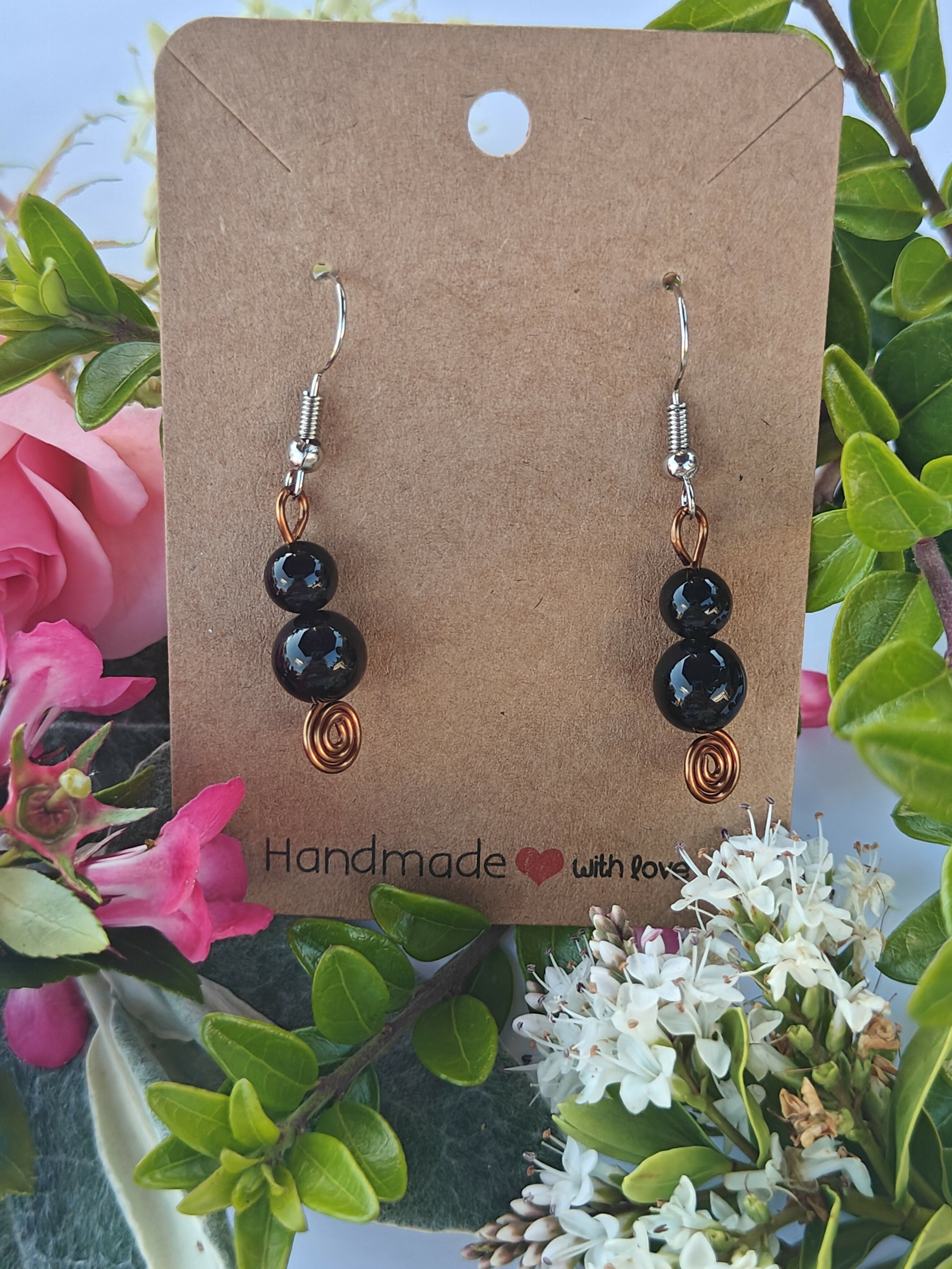 Black Agate Wire Wrapped Crystal Bead Earrings