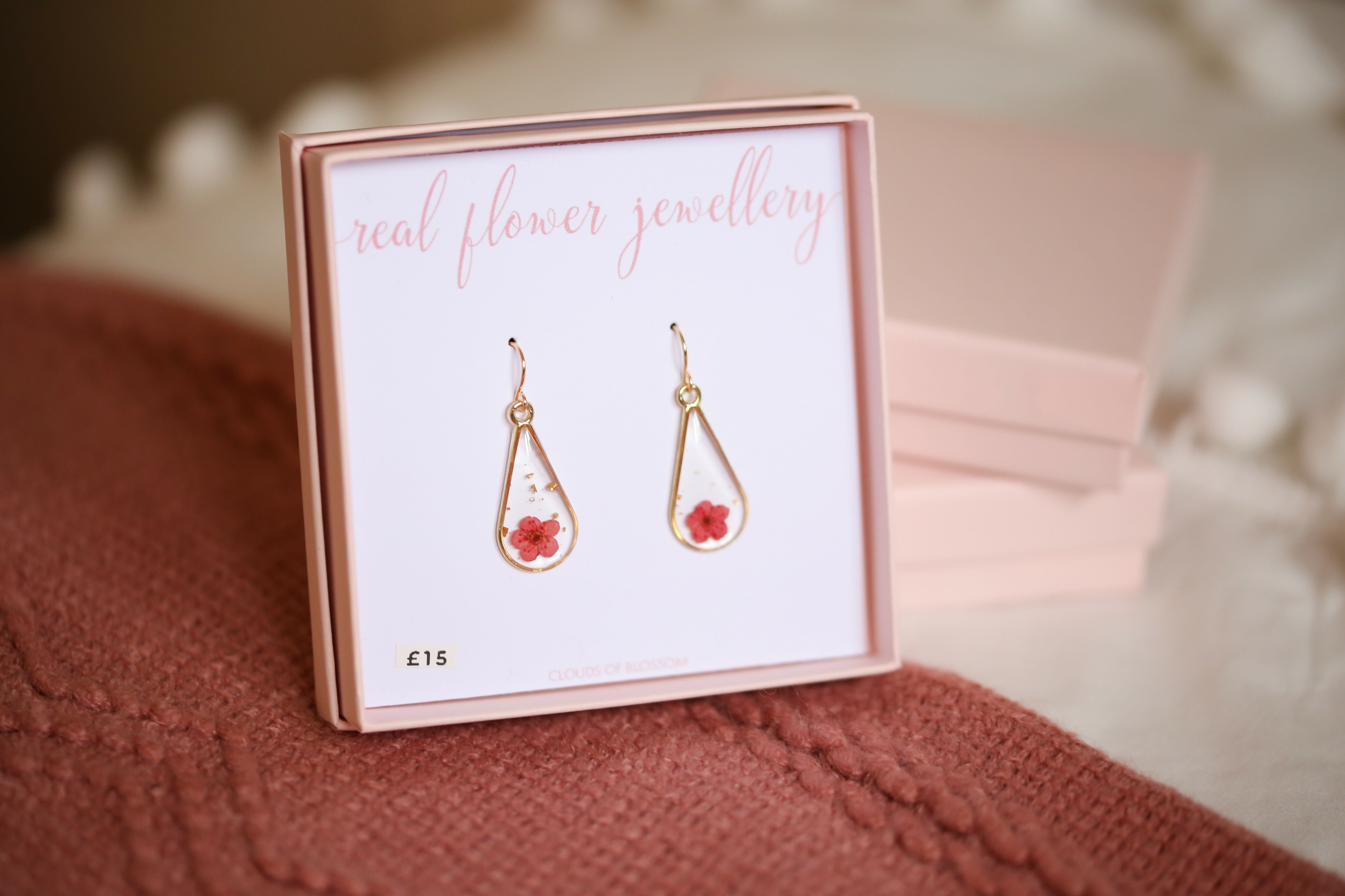 Red Baby’s Breath Long Teardrop Earrings Gold Plated