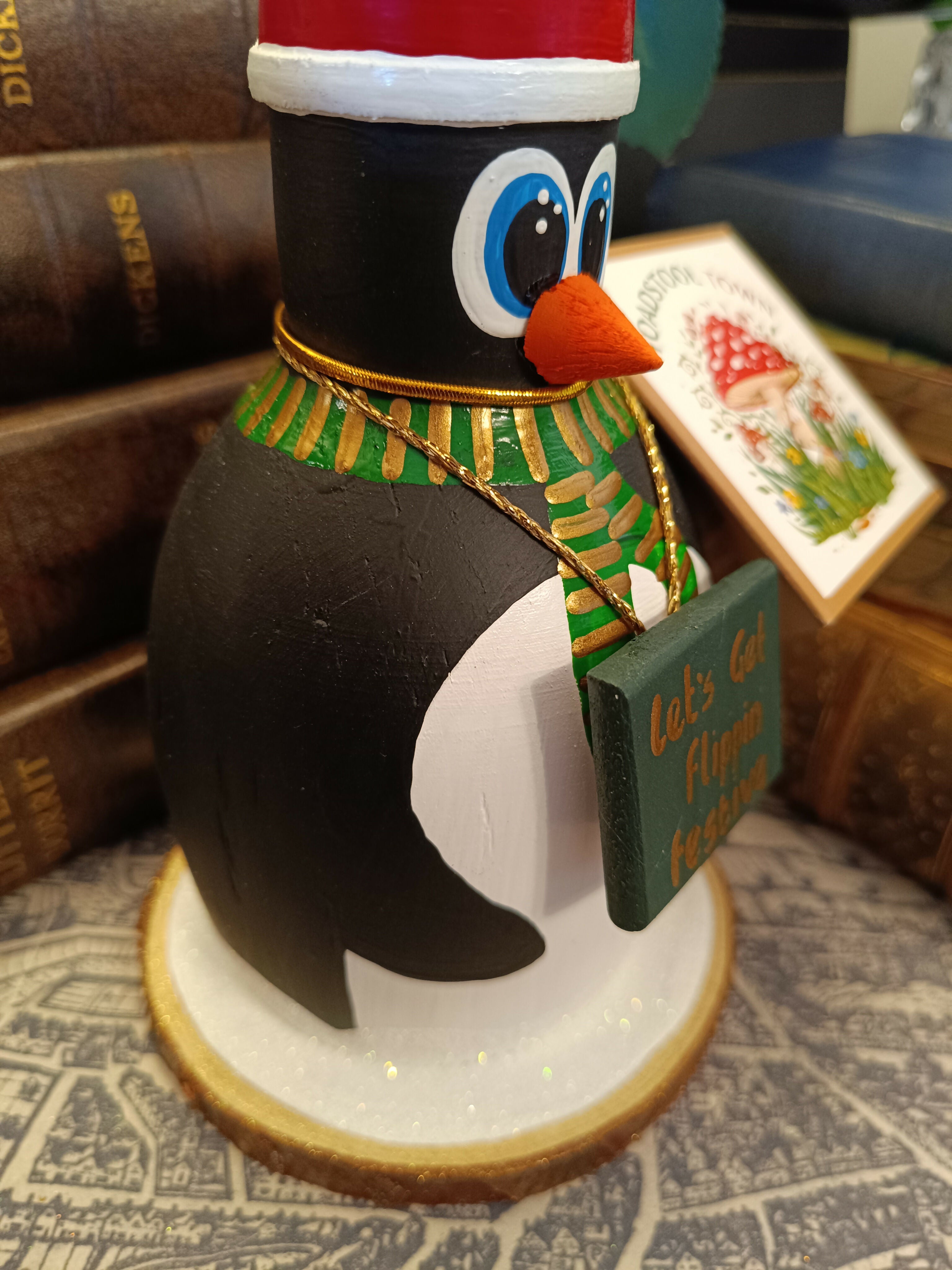 Handmade Wooden Holiday Penguin Figurine - "Let's Get Flippin' Festive"