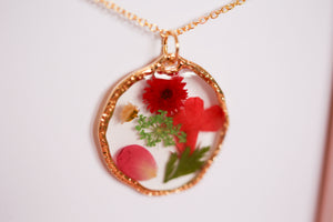 Multi Flower Circle Large Hammered Bezel Necklace Gold Plated