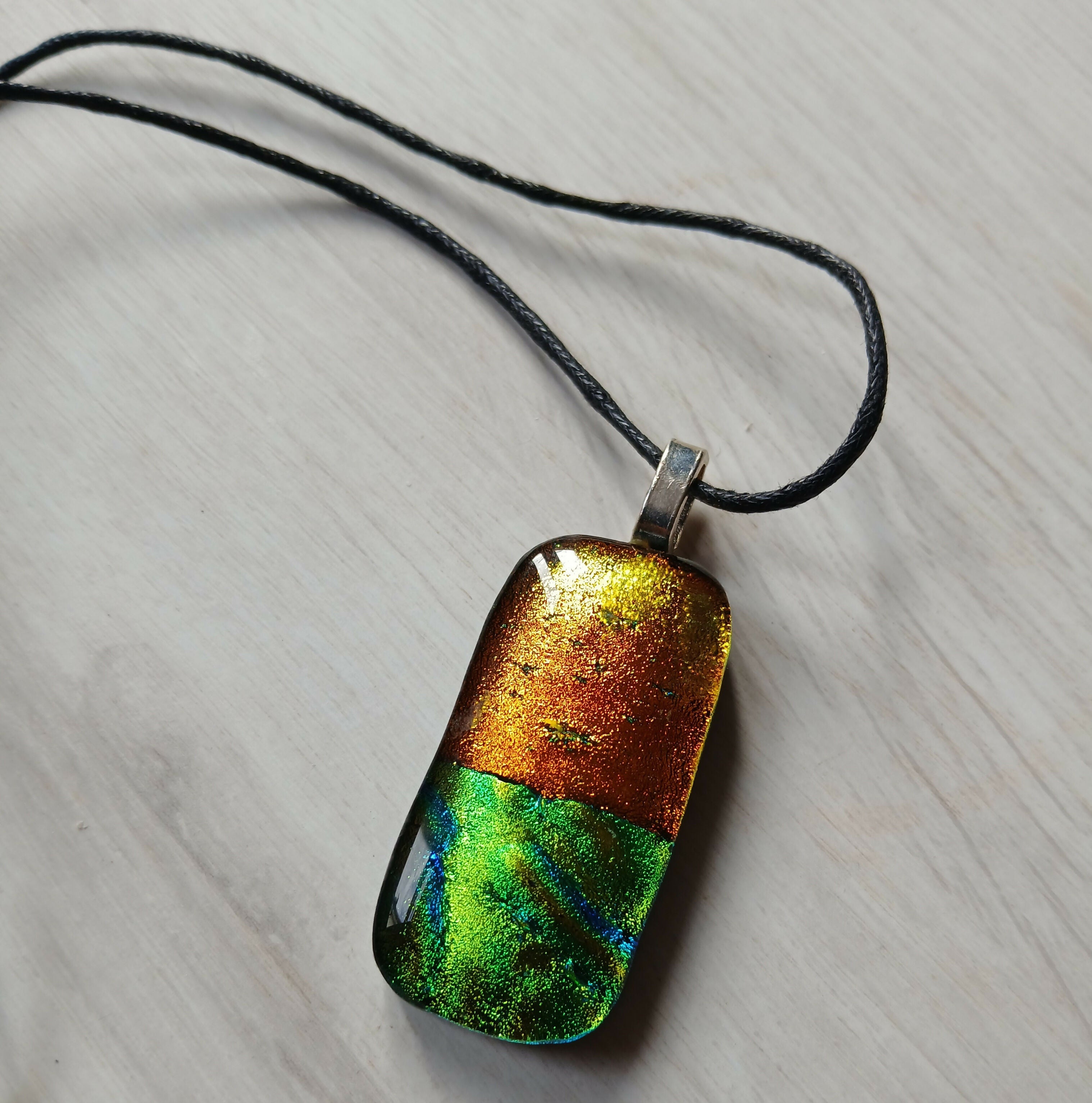 Fused Dichroic Glass Rectangular Pendant With a Cord Necklace (Orange and Green)