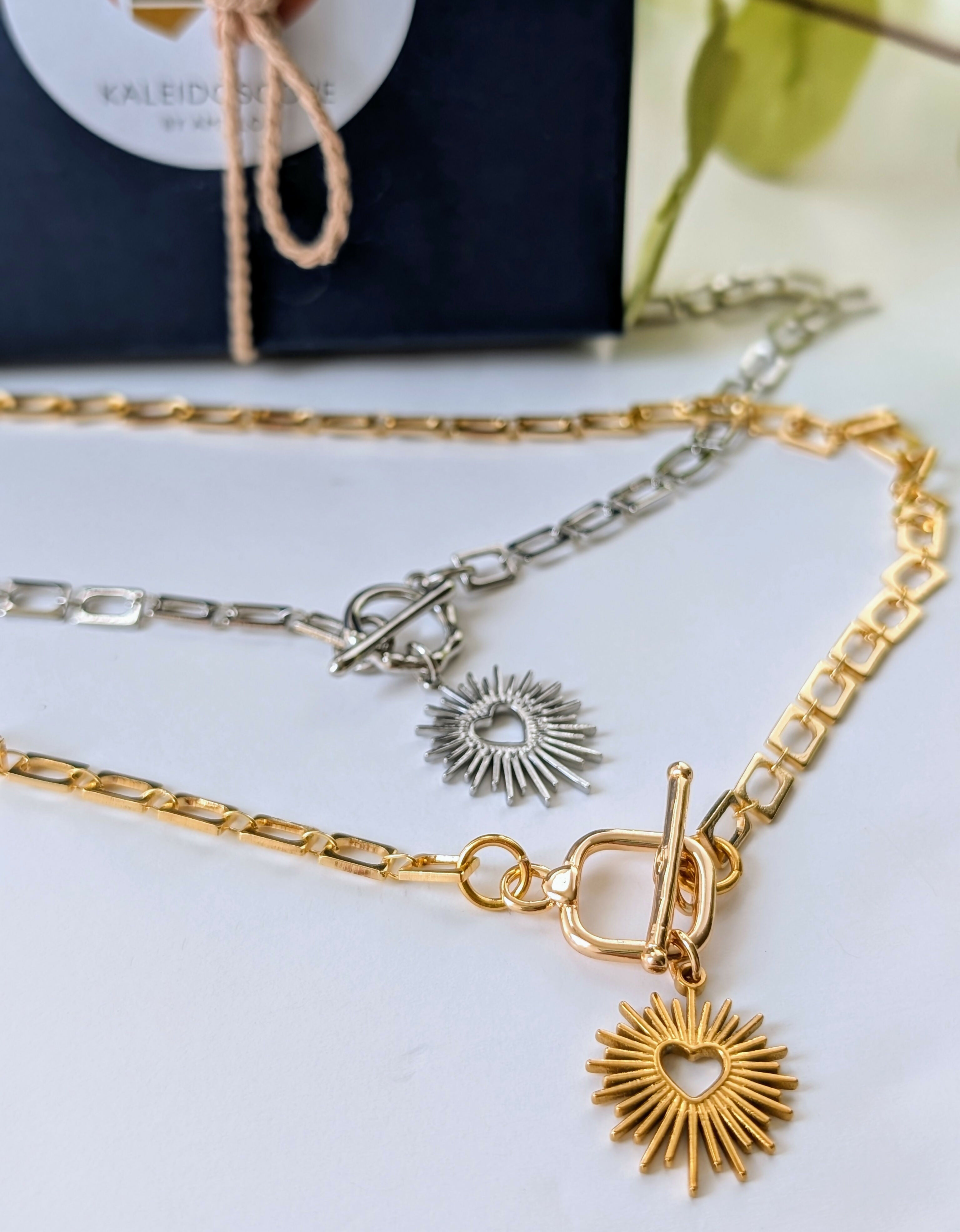 Sacred Heart Gold Toggle Necklace on Rectangular Gold Plated Chain