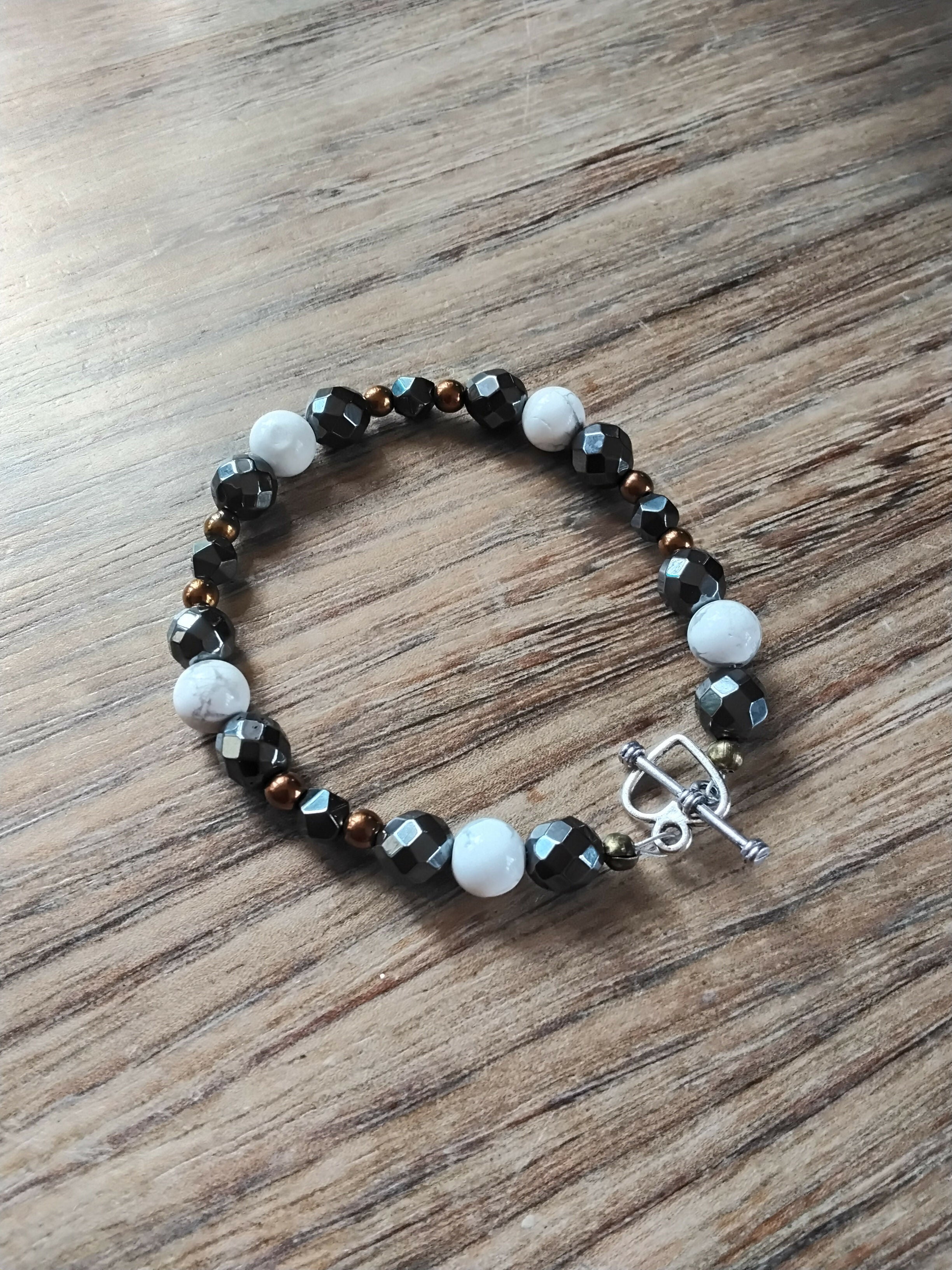 Tibetan Silver Toggle Catch Bracelet with Faceted Grey Hematite, Grey Veined Howlite & Copper Hematite.