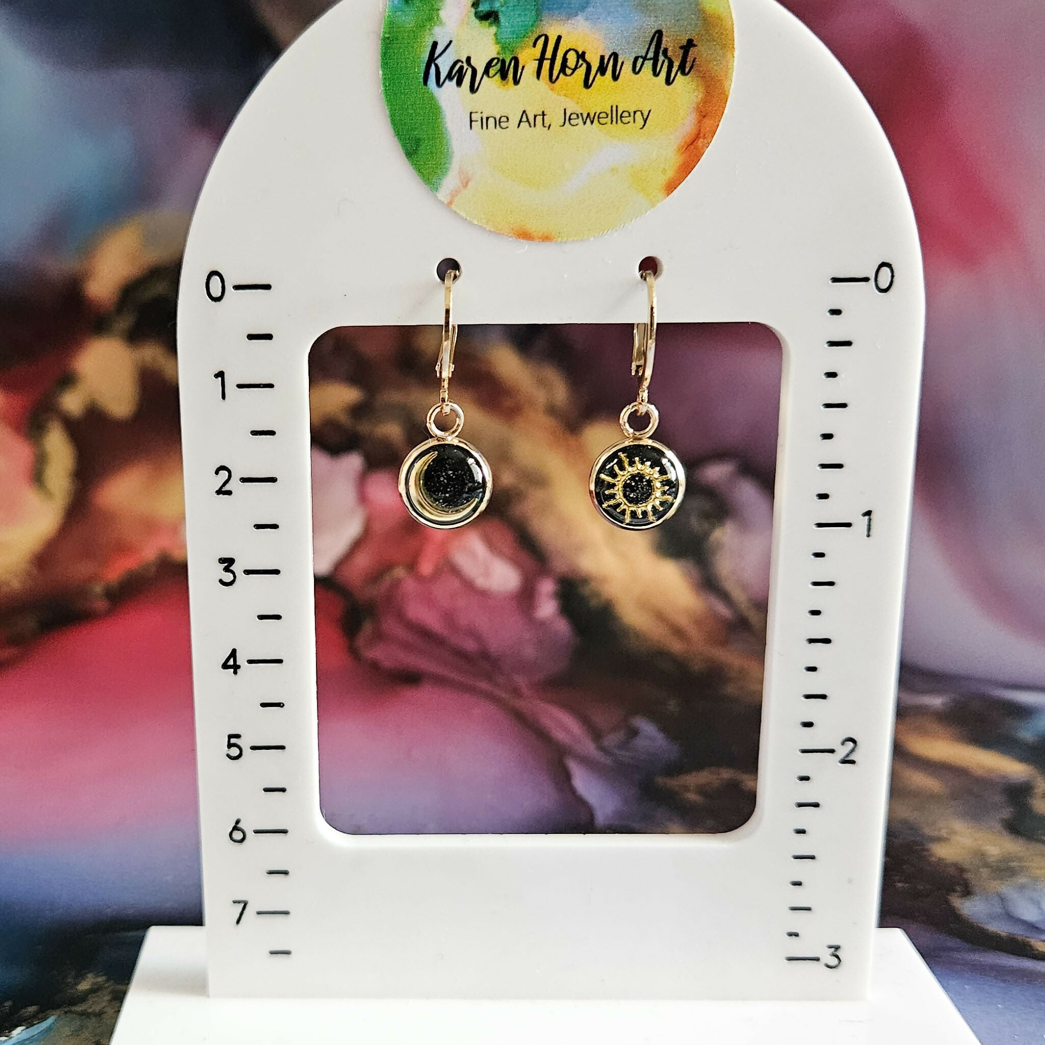 Handmade Golden Sun And Moon Resin And Stainless Steel Charms On Huggie Hoops