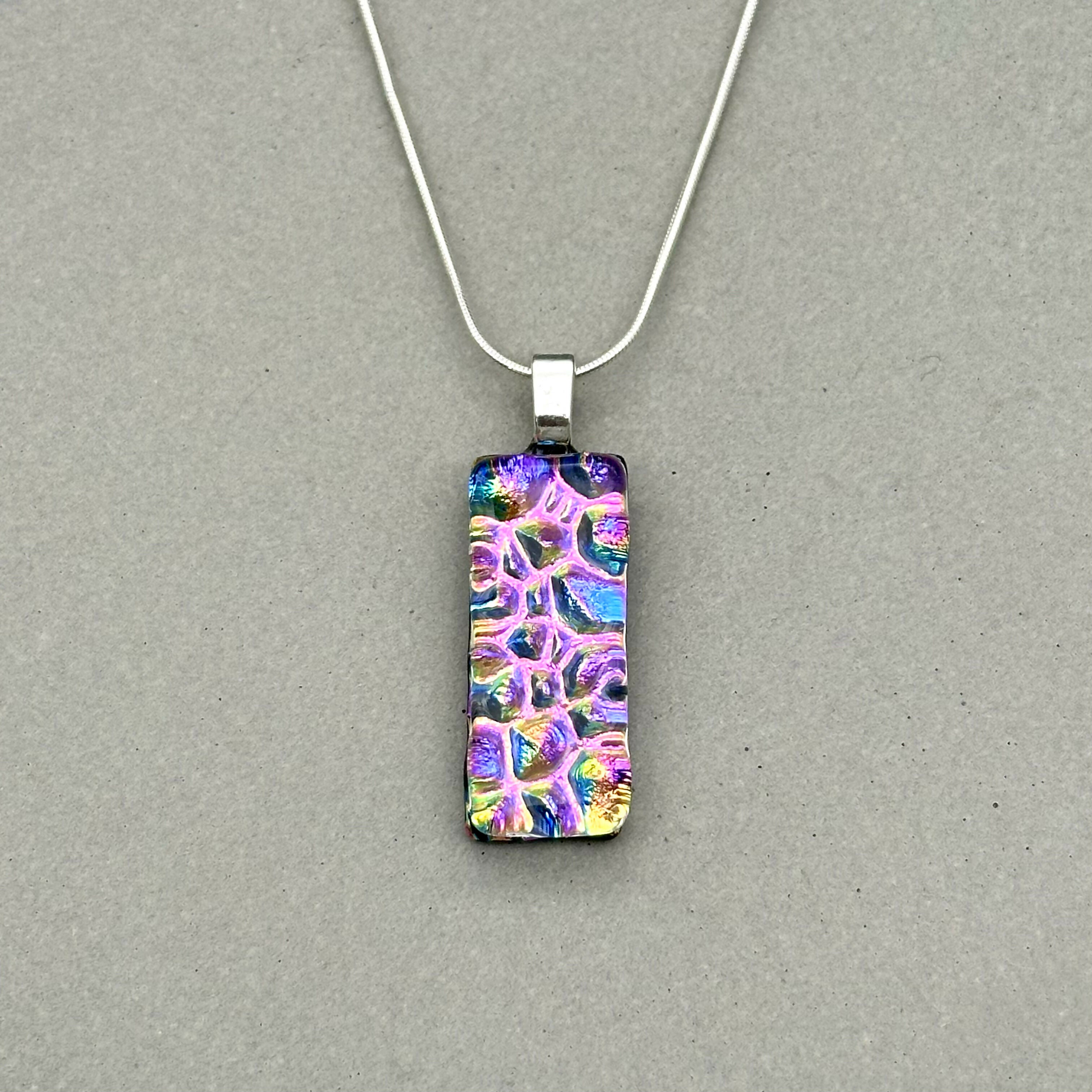 Pink Rainbow Raindrop Dichroic Glass Necklace and Earrings Set - Sterling Silver, Handmade by Jade Tapson Glass