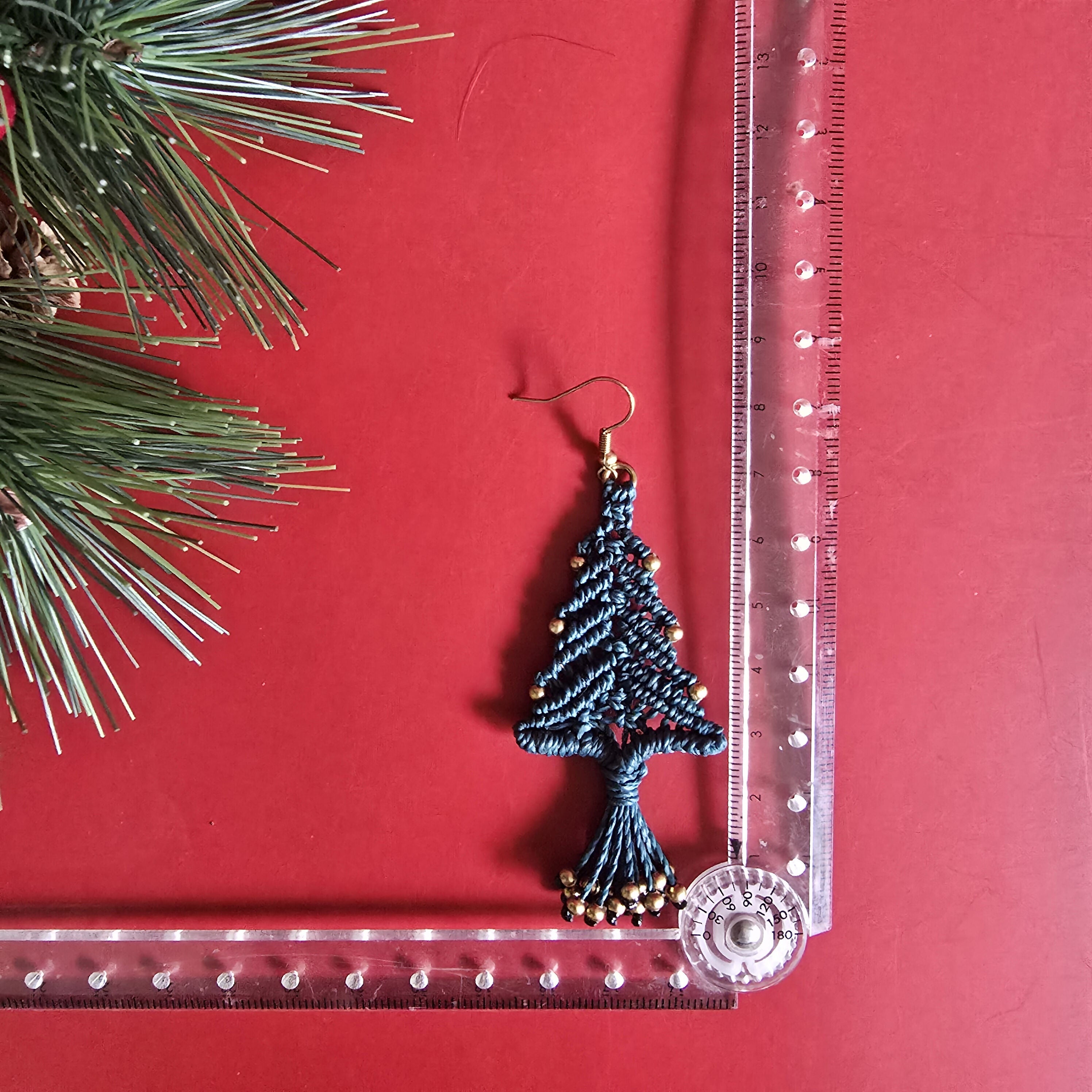 Christmas Tree Macrame Earrings; Forest Green Knotted Cord Lightweight Boho Festive Earrings