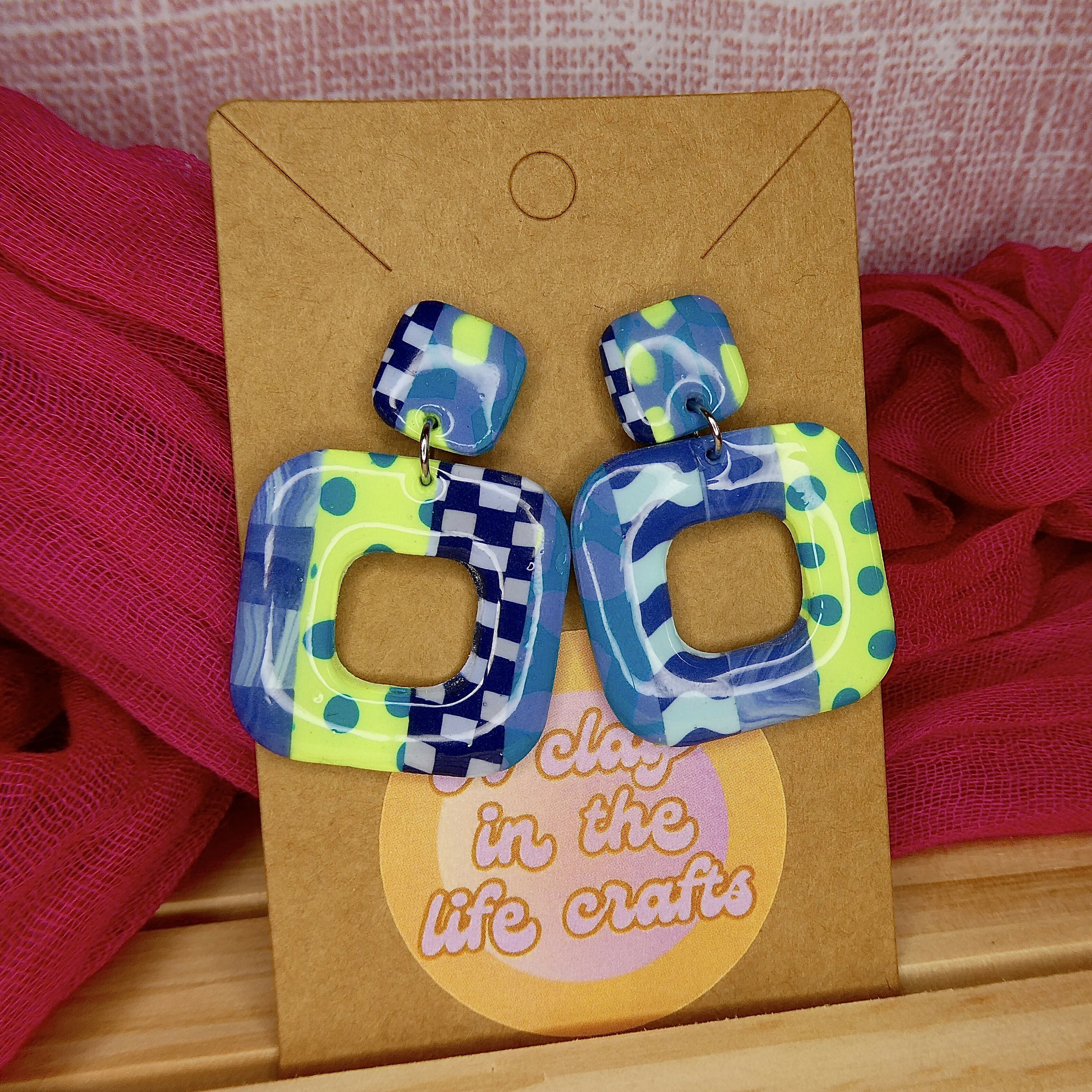 Blue Patchwork Square Polymer Clay Earrings