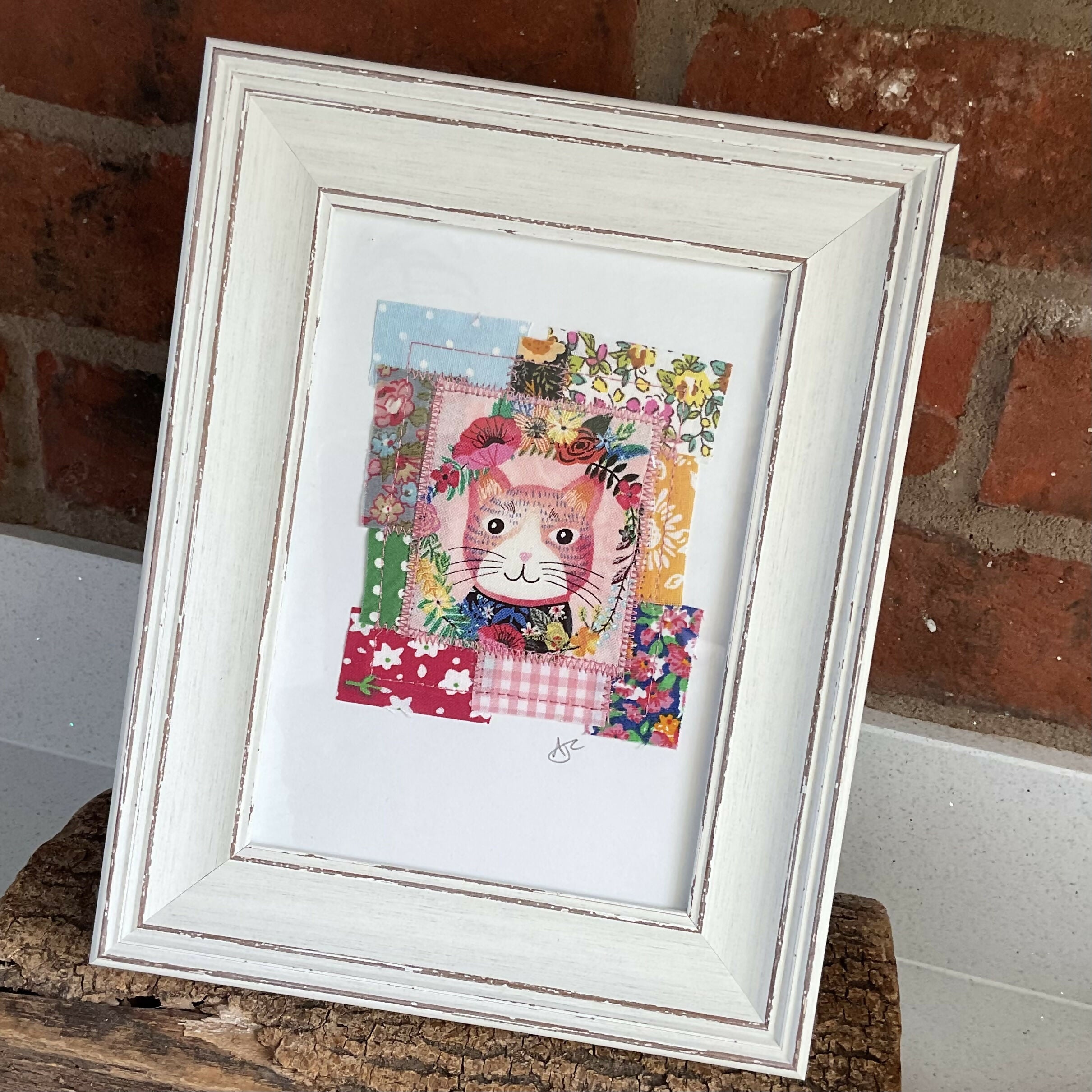 Fabric Cat Collage Framed Picture, Handmade Picture Pink Floral Kitten in White Frame, Unique Gift Cat Lover