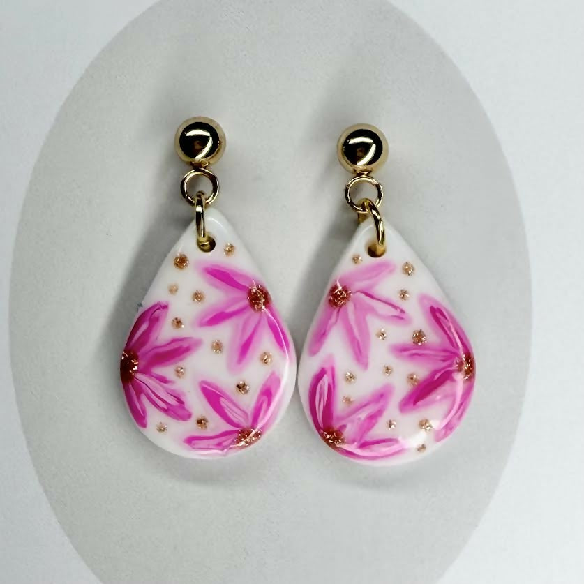 Pink Flowers Polymer Clay Earrings