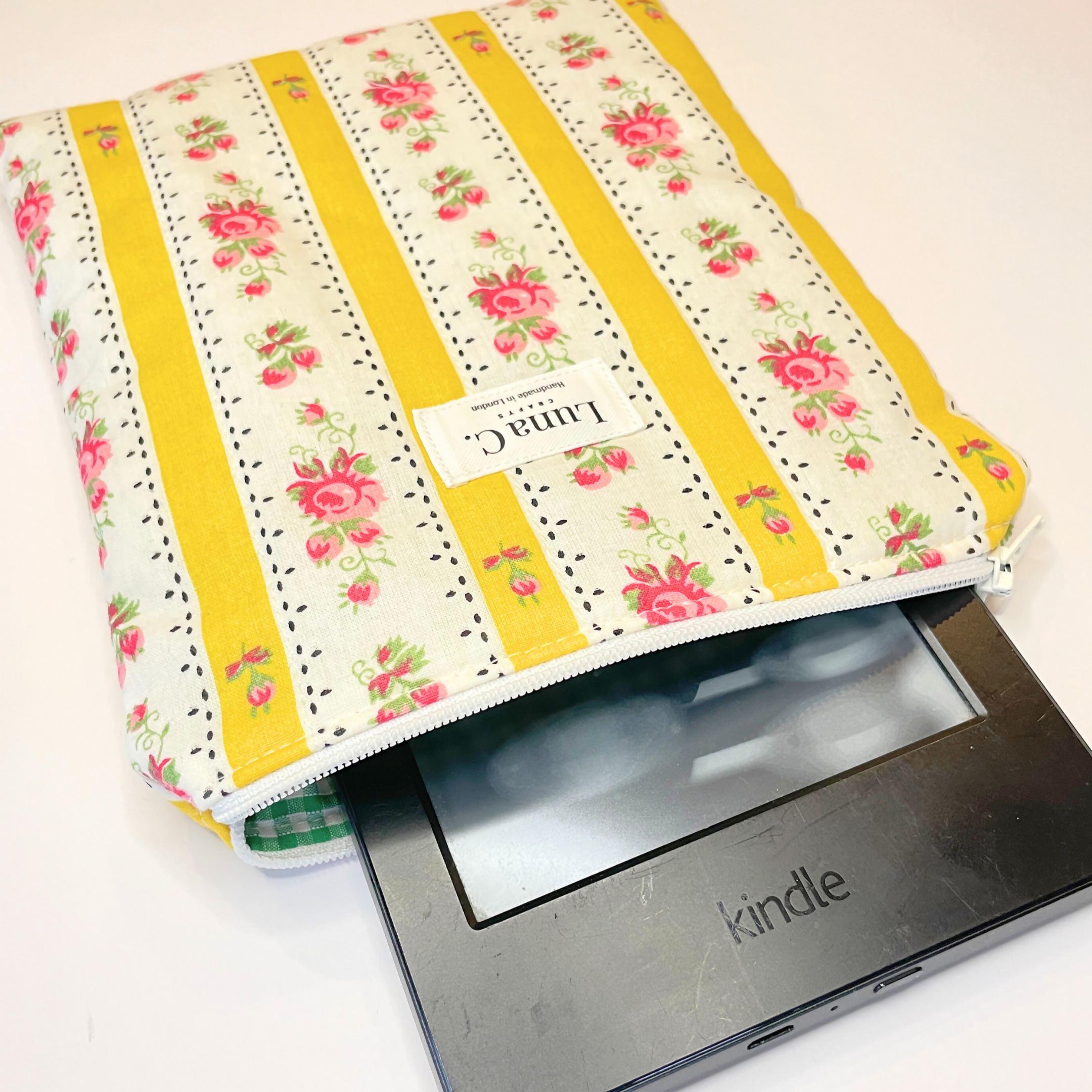 Yellow Striped Red Floral Green Gingham Lining Book or Kindle Sleeve