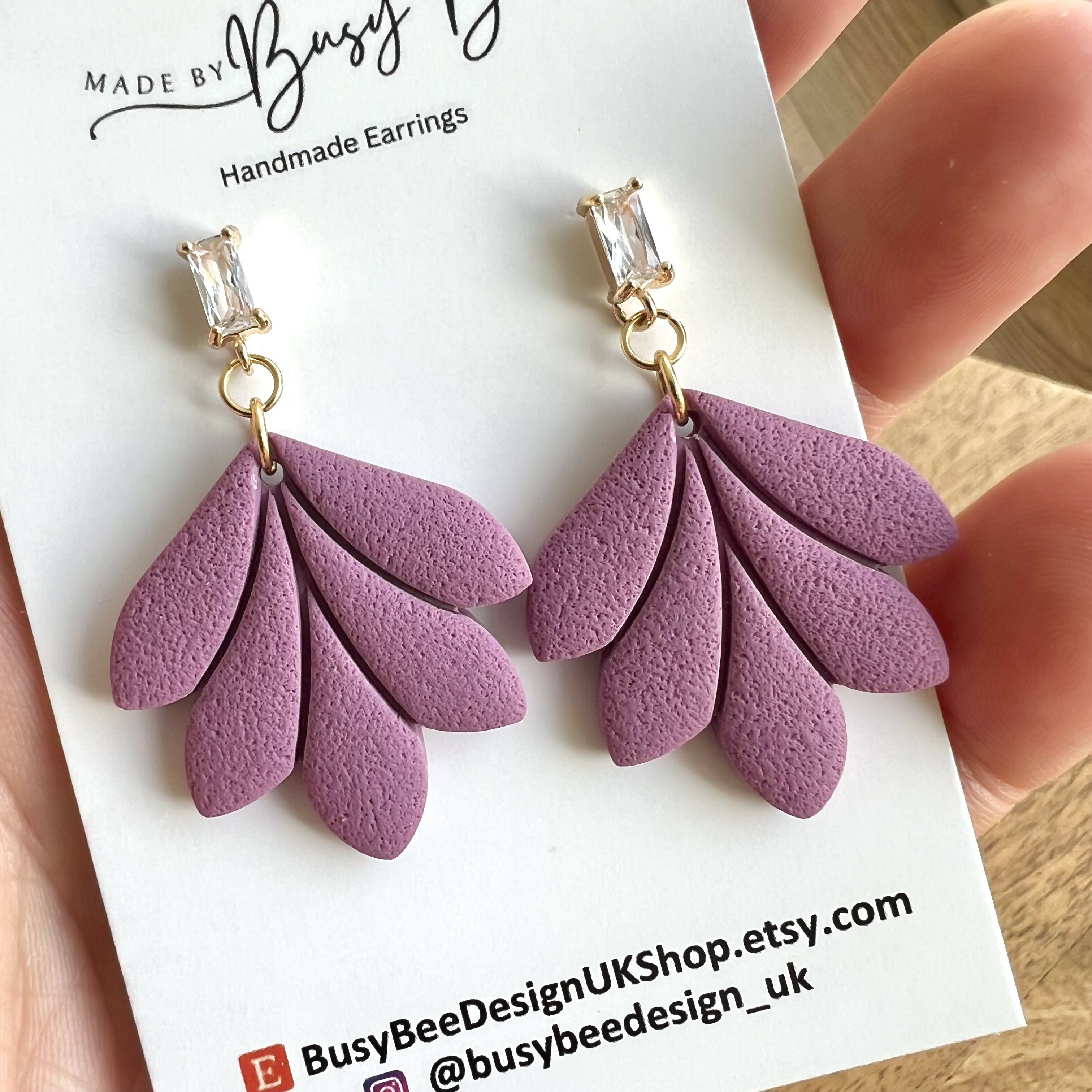 Minimal Leaf Earrings with Clear Glass Cubic Zirconia Studs/ Art Deco Polymer Clay Earrings / Handmade Clay Jewellery