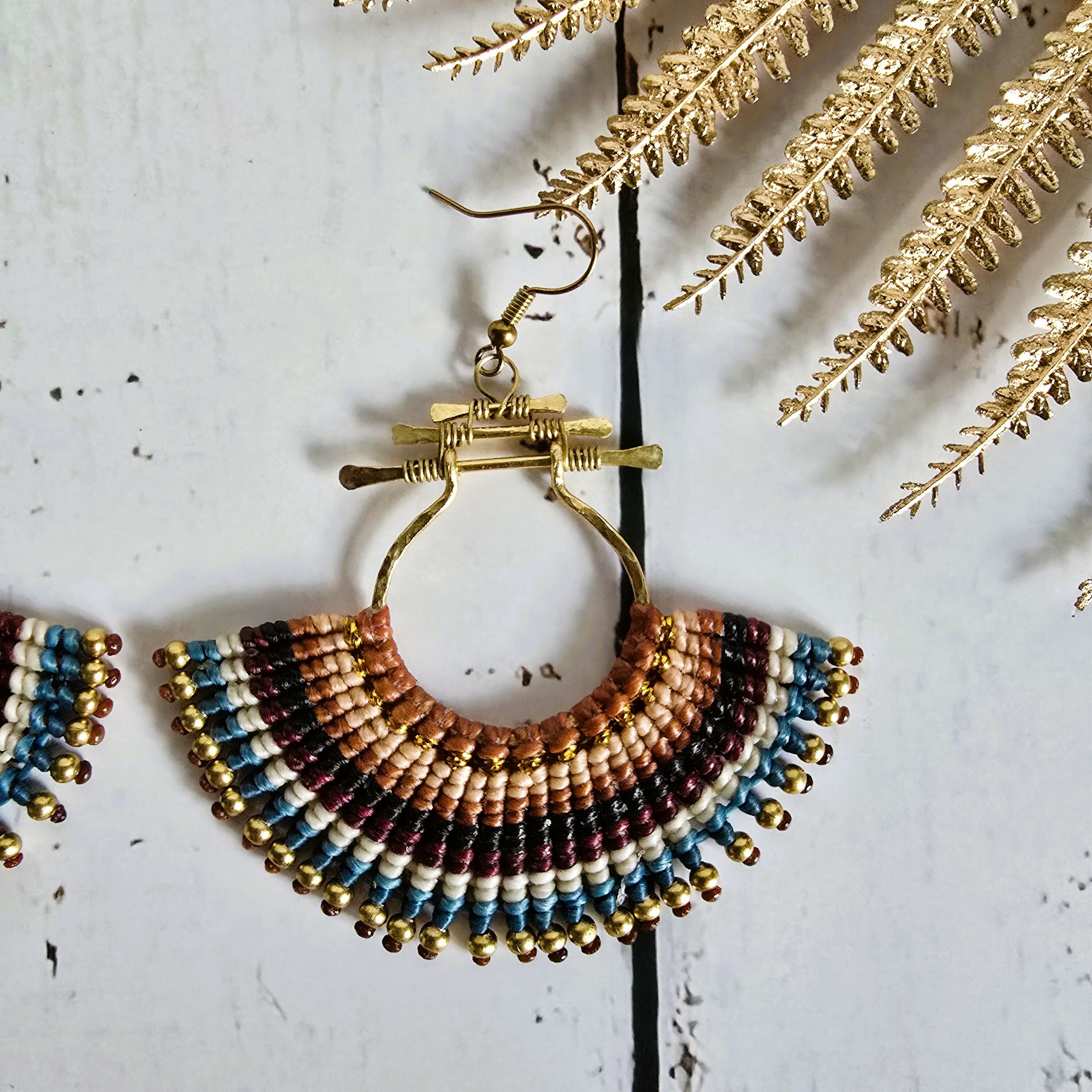 Asian Temple Earrings; Golden Brown Macrame Cord, Gold Hammered Brass Wire Spiral Statement Earrings