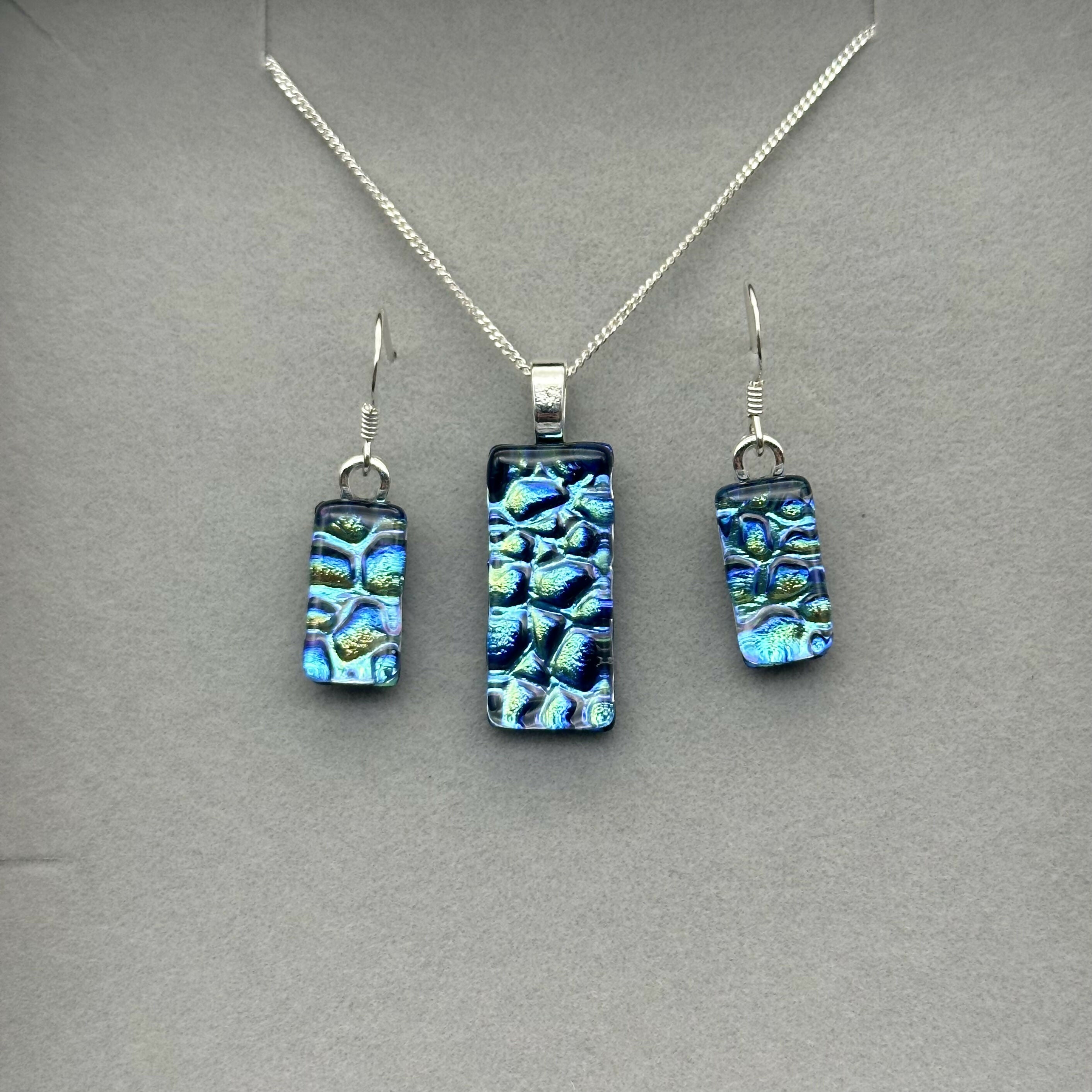 Green & Blue Raindrop Dichroic Glass Necklace and Earrings Set - Sterling Silver, Handmade by Jade Tapson Glass