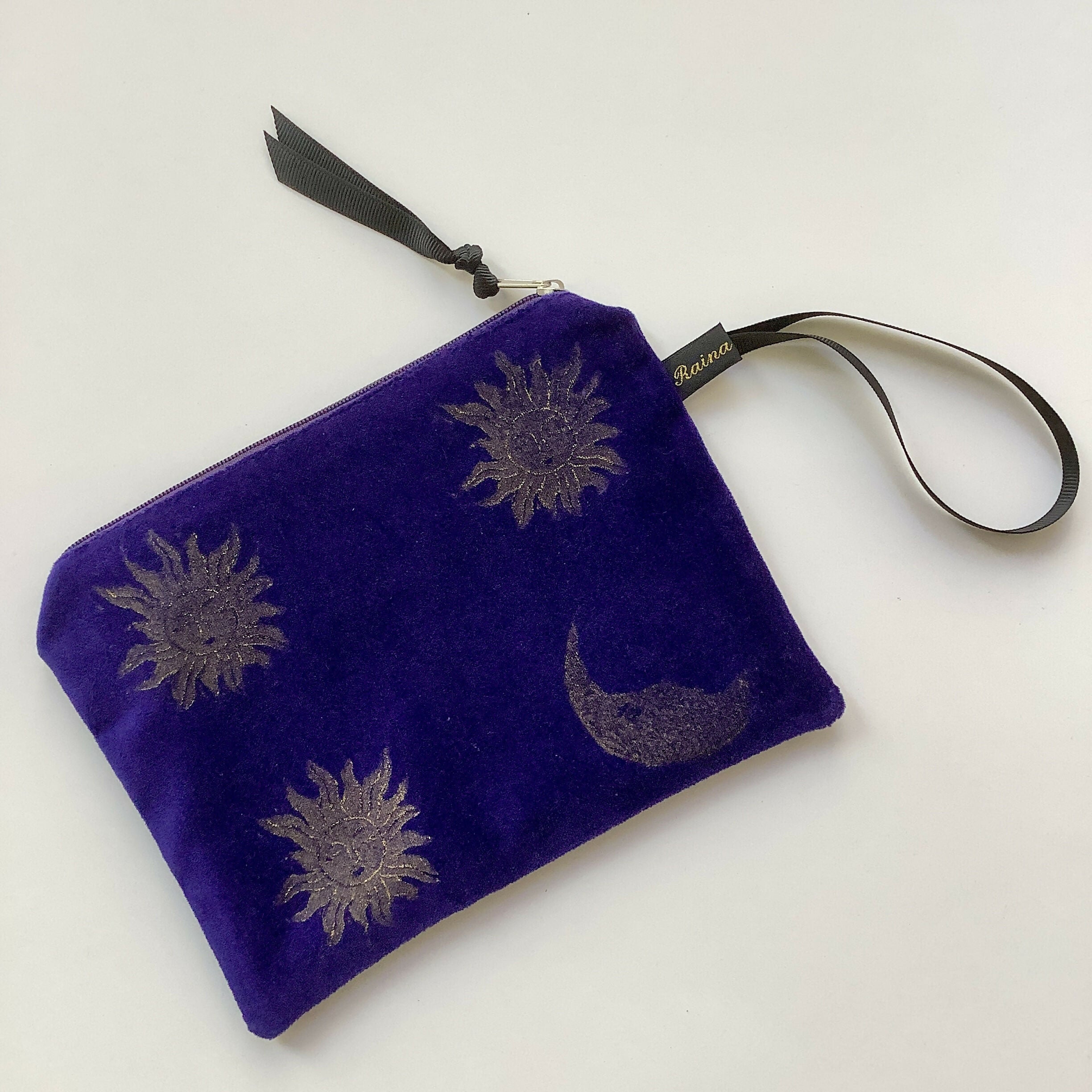 Purple Sun and Moon Velvet Zip-Up Pouch with Wrist Strap