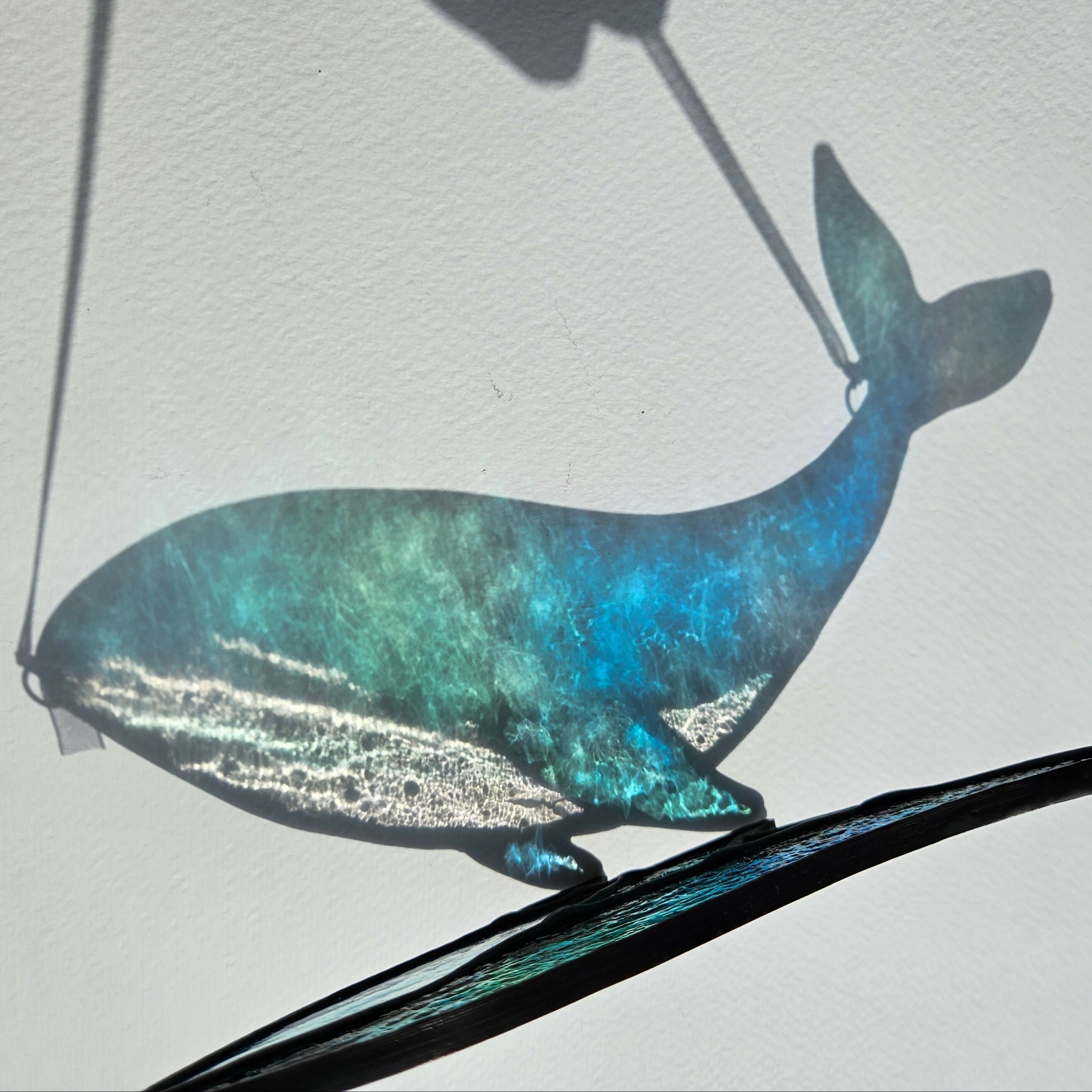 Textured Iridescent Green-Blue Whale Stained Glass Suncatcher