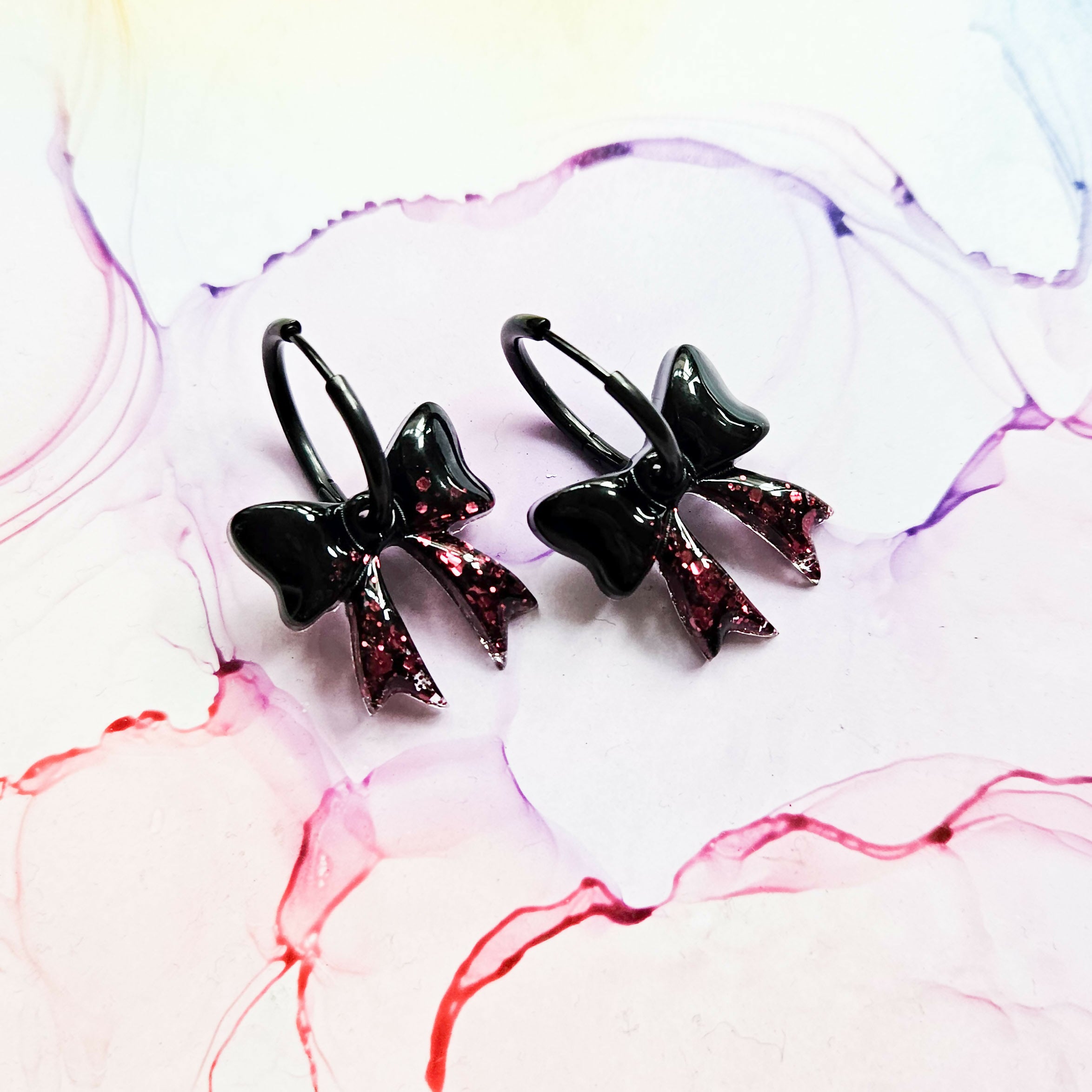 Handmade Black And Burgundy Glitter Resin Bow Charms On Black Hoops