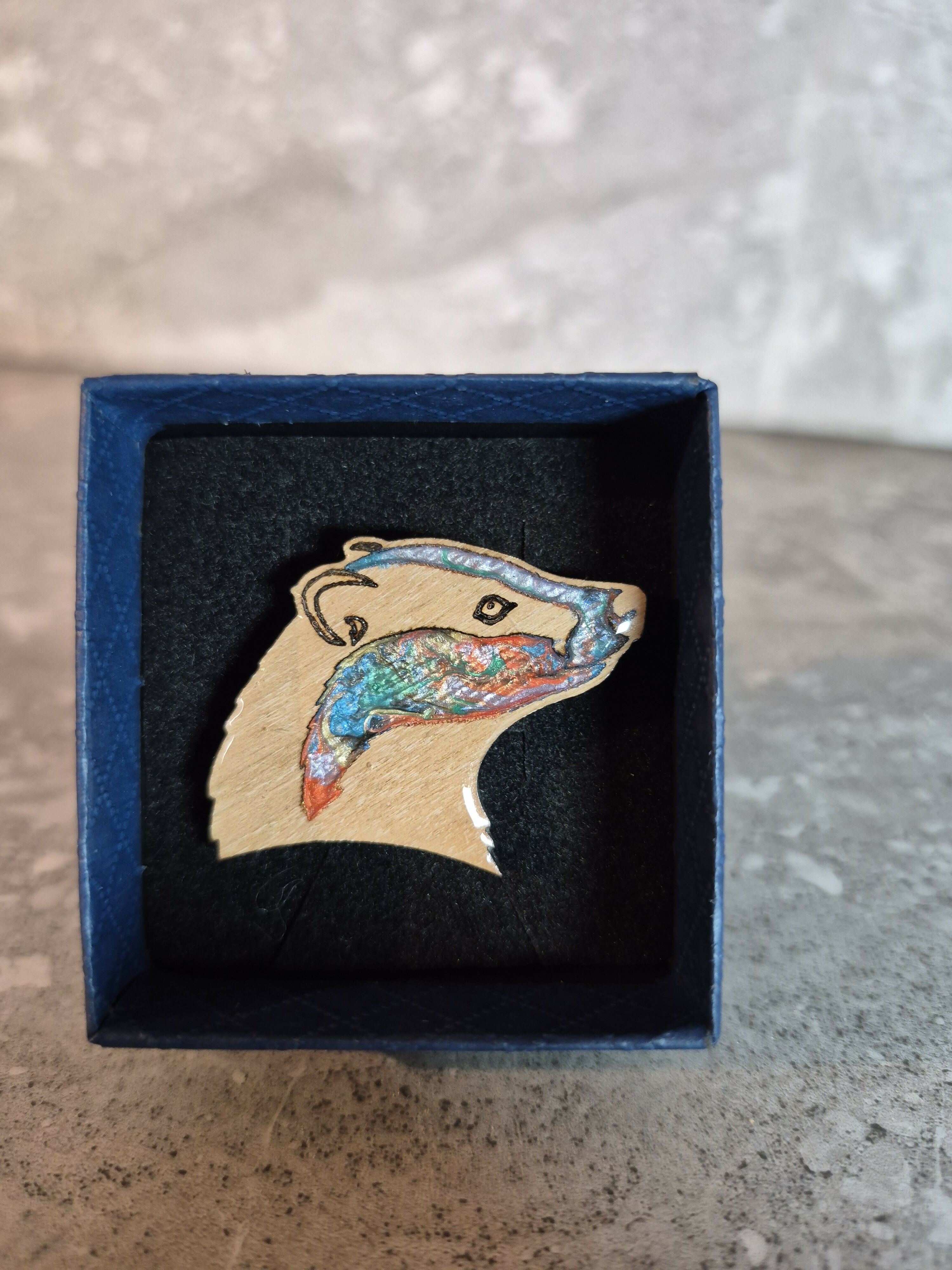Handcrafted Cherry Veneered Badger Head Pin