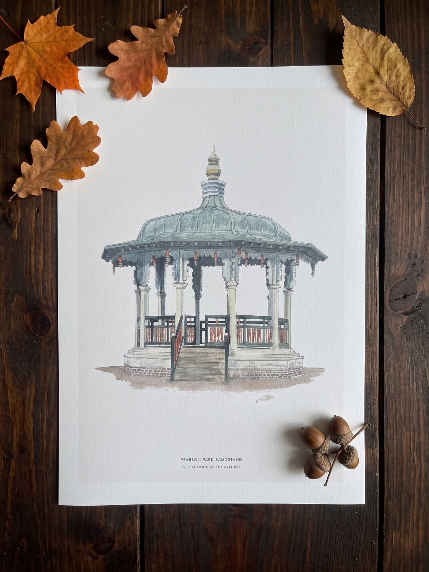 Hull Attractions of the Avenues Watercolour Print A4 / Pearson Park Bandstand