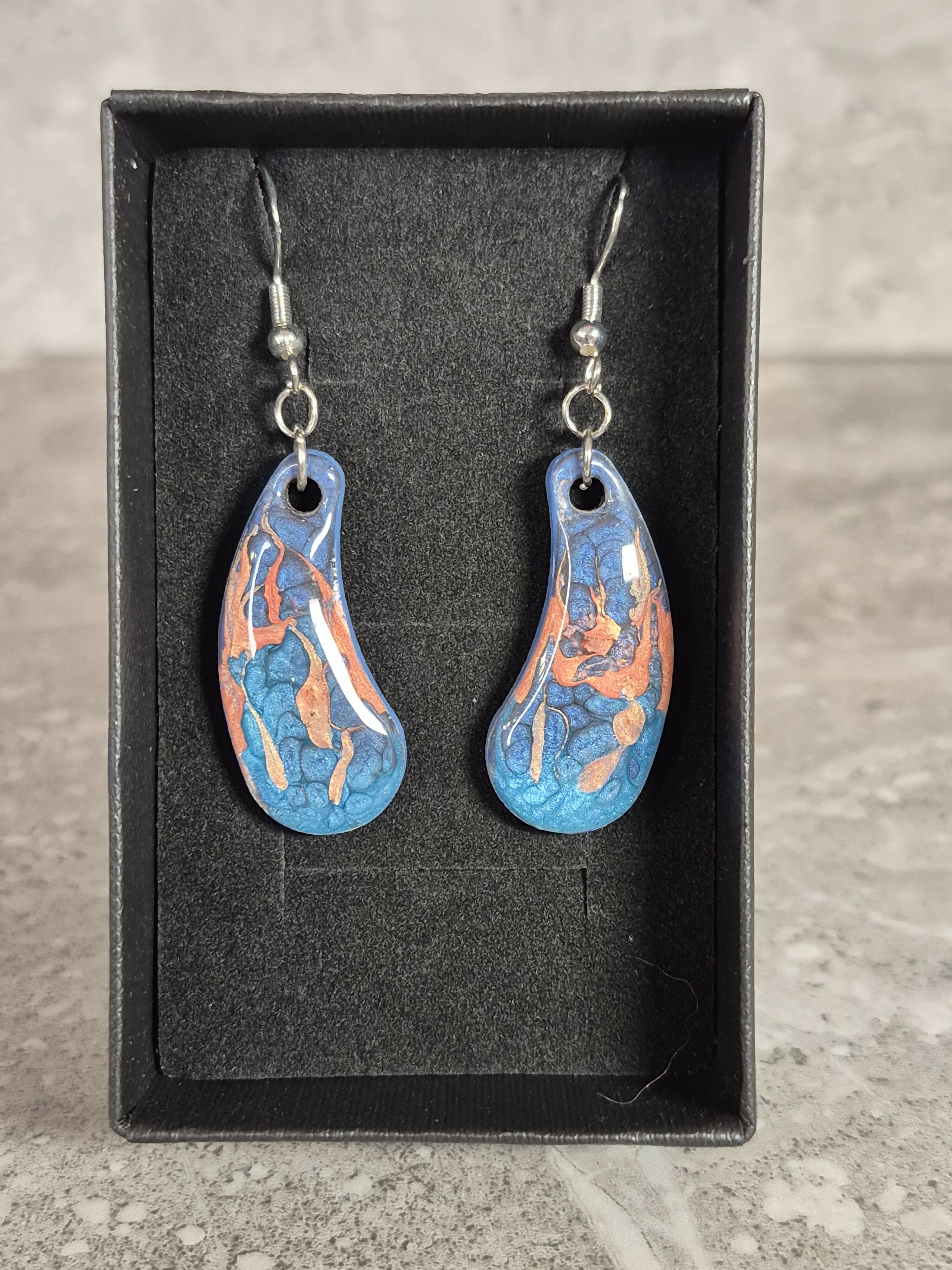 Handcrafted Teardrop Shaped Blue, Cyan And Salmon Pink Earrings