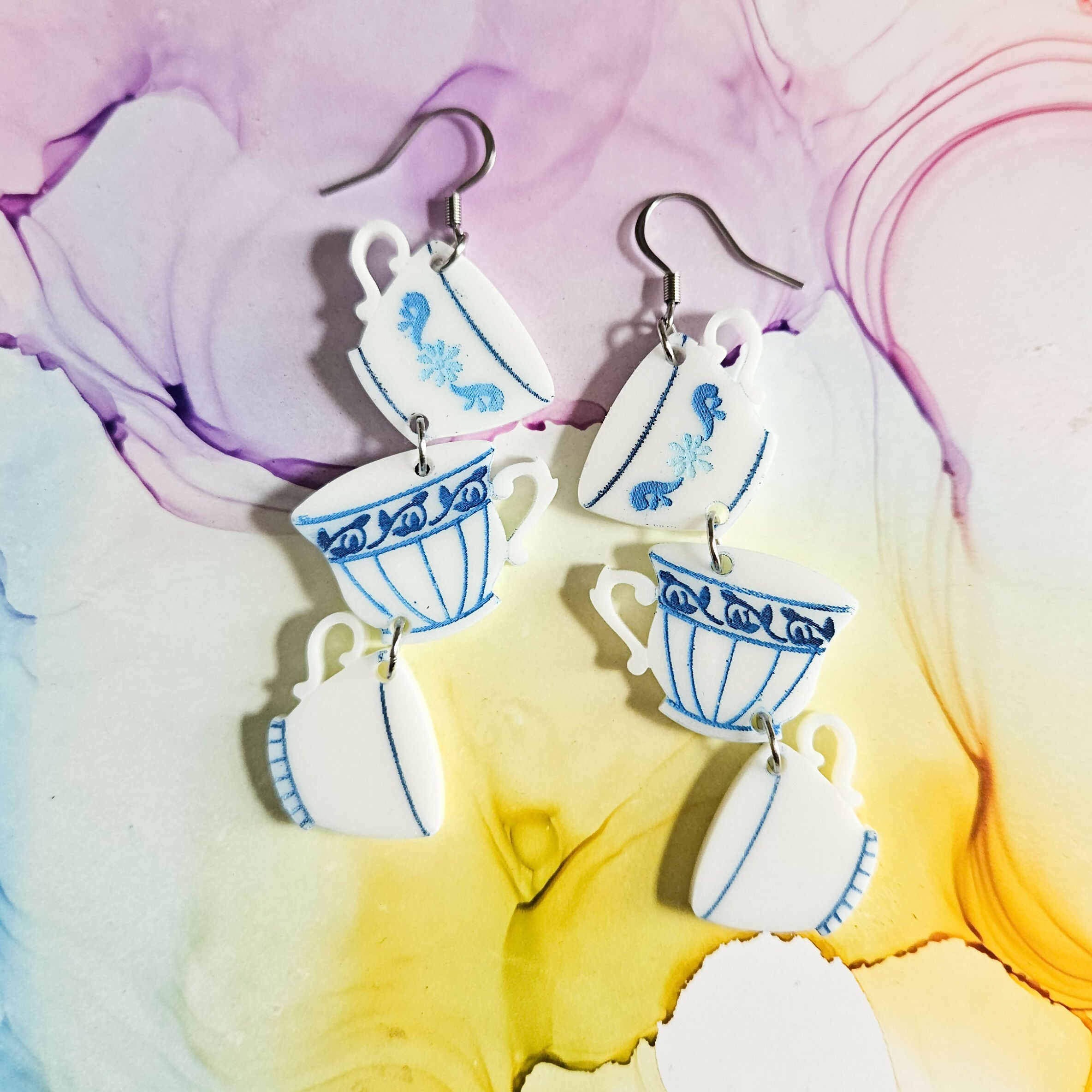 Handmade White And Blue 3 Teacups Resin Dangle Earrings
