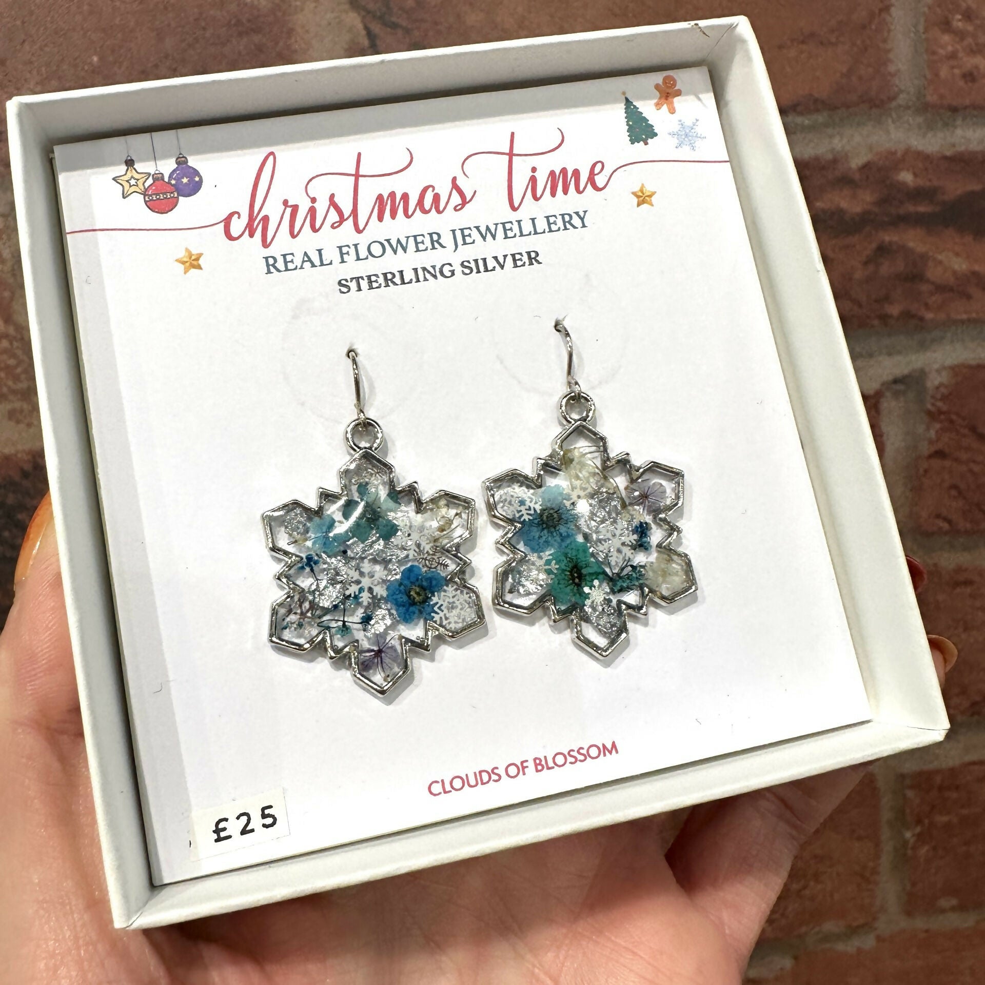 Snowflake Christmas Real Flower Earrings Silver Plated