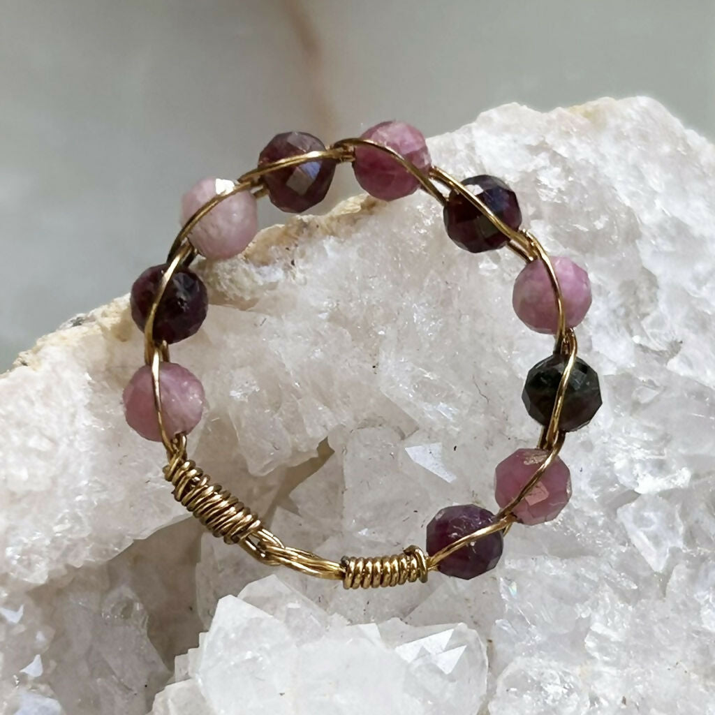 Handmade Gold Vermeil Pink Tourmaline Beaded Ring Size M