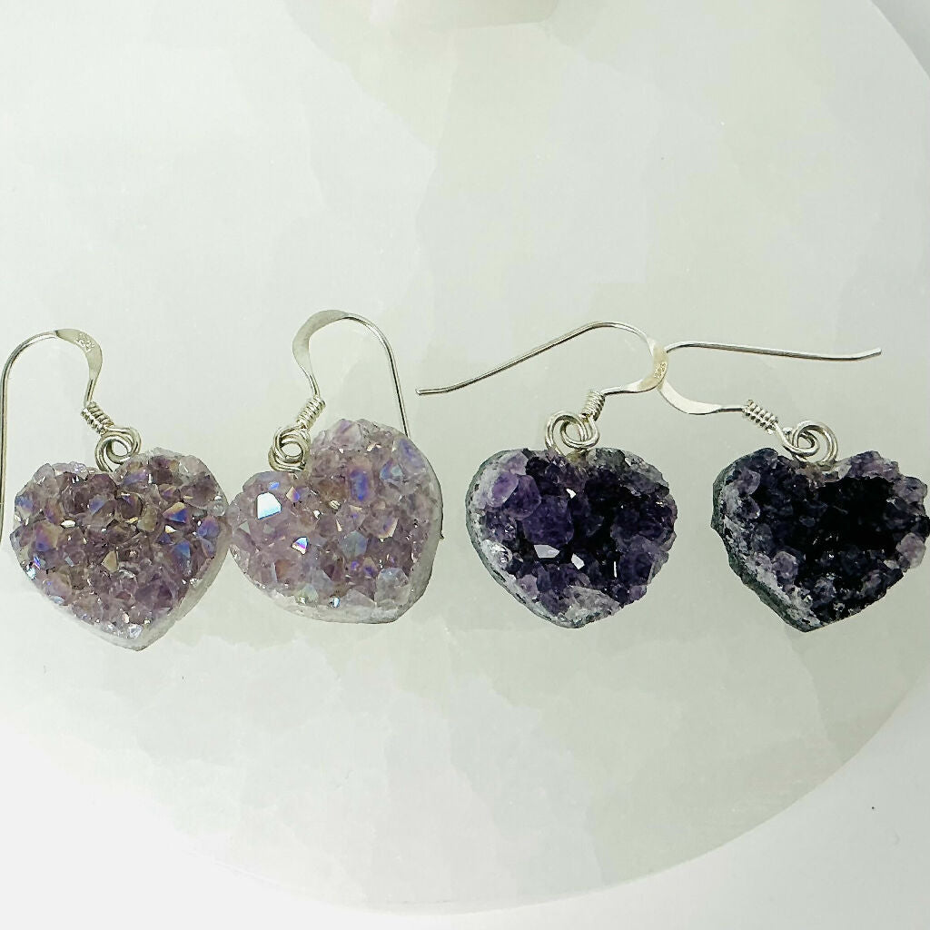 Sterling Silver and Raw Amethyst Heart Dangle Earrings