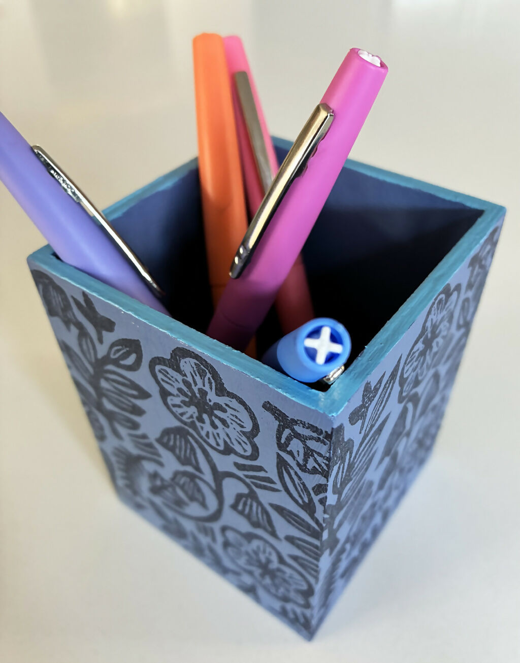 Hand-printed Pen Pot with Blue Floral Design.