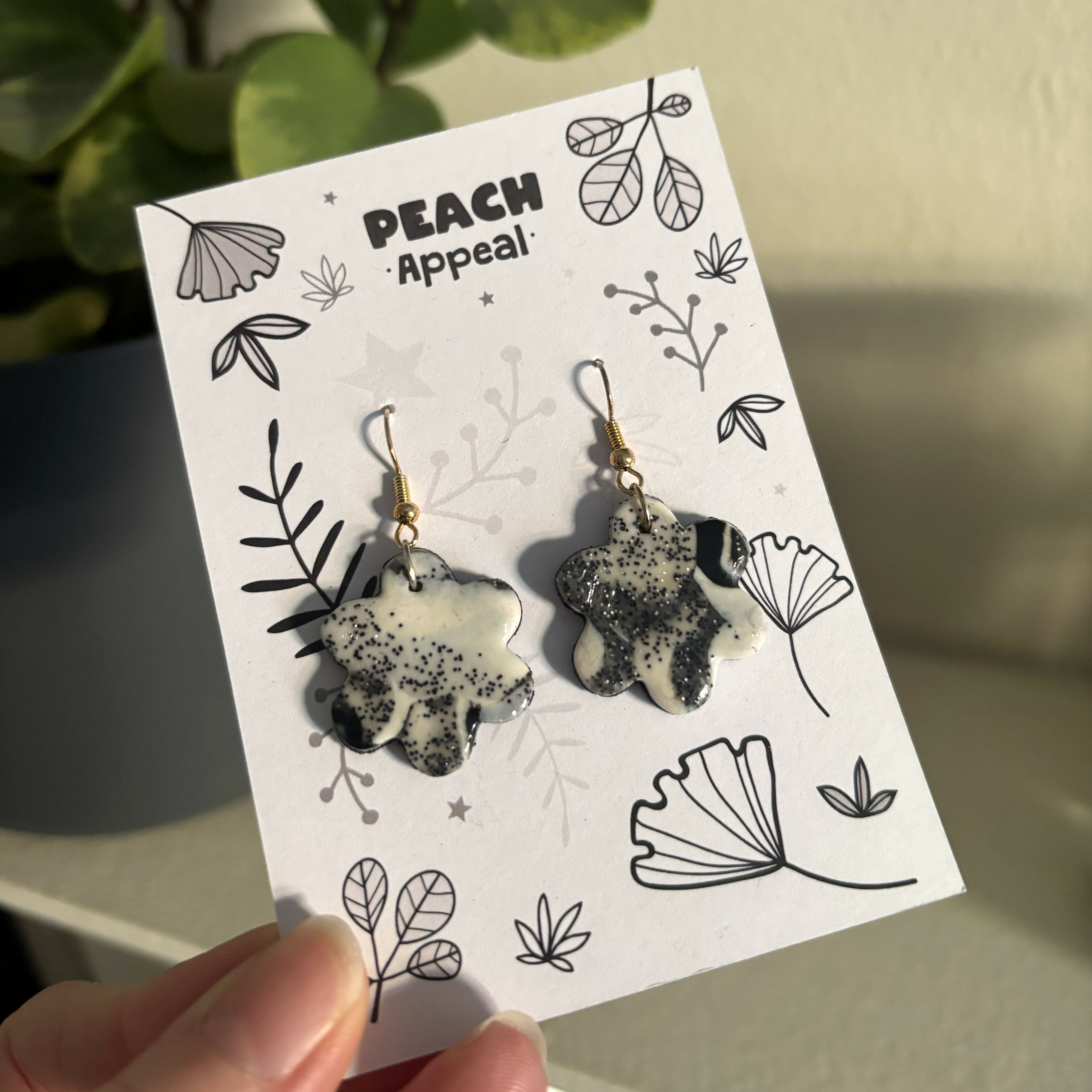 Recycled Polymer Clay Earrings - Black & White Flower Swirl