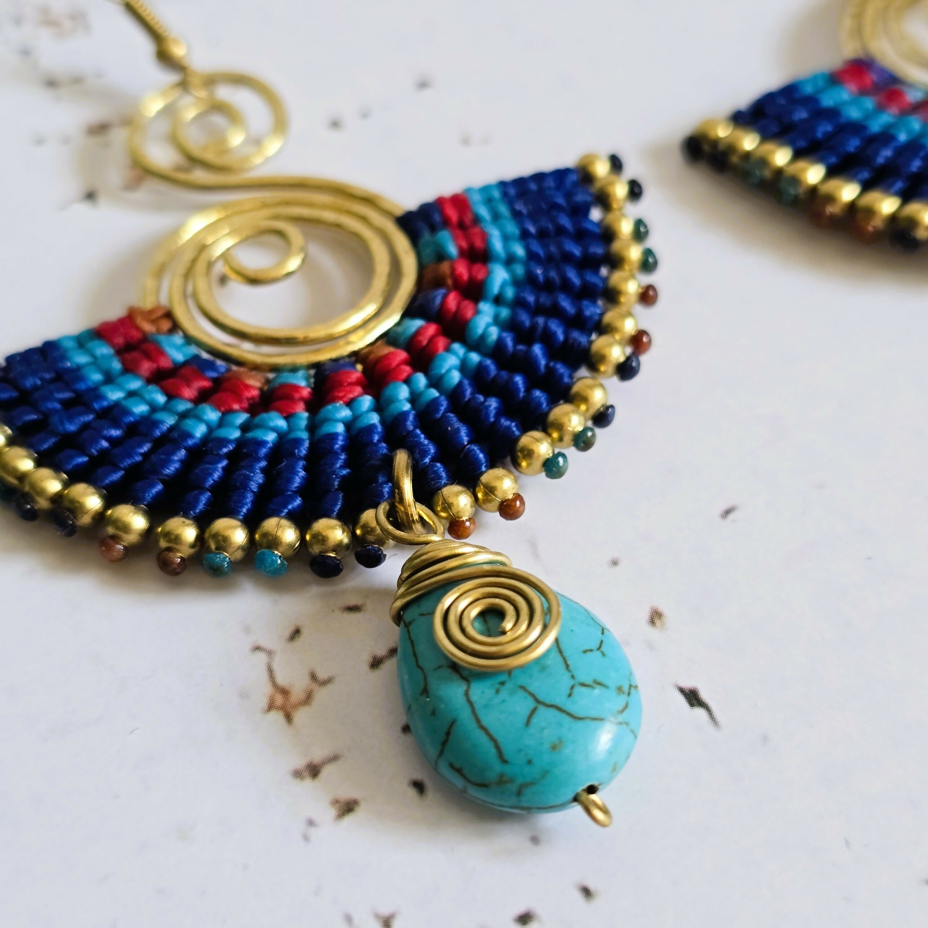 Turquoise Crystal Macramé Earrings; Blue Boho Earrings With Gold Spiral Wire Art