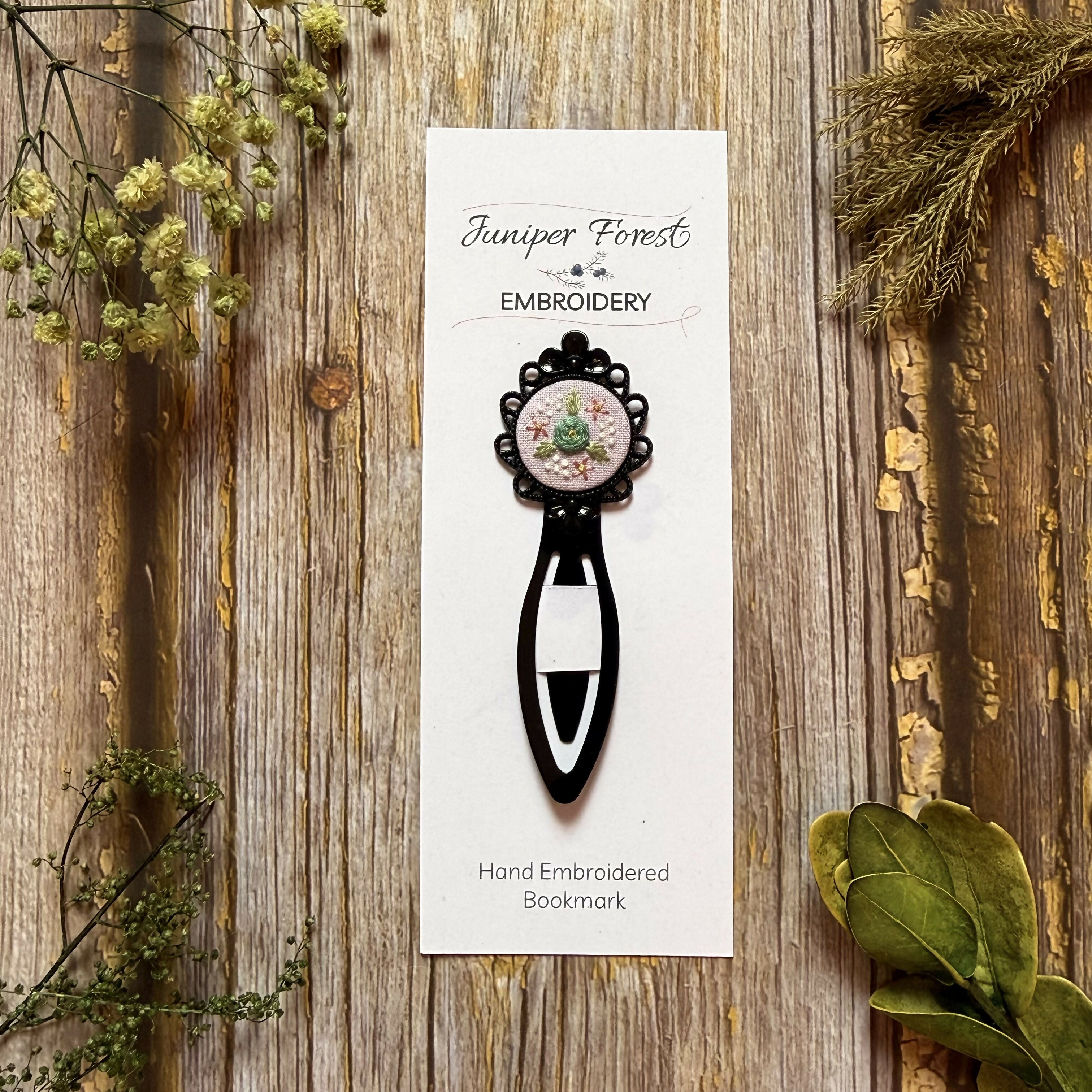 Black Hand Embroidered Floral Bookmark