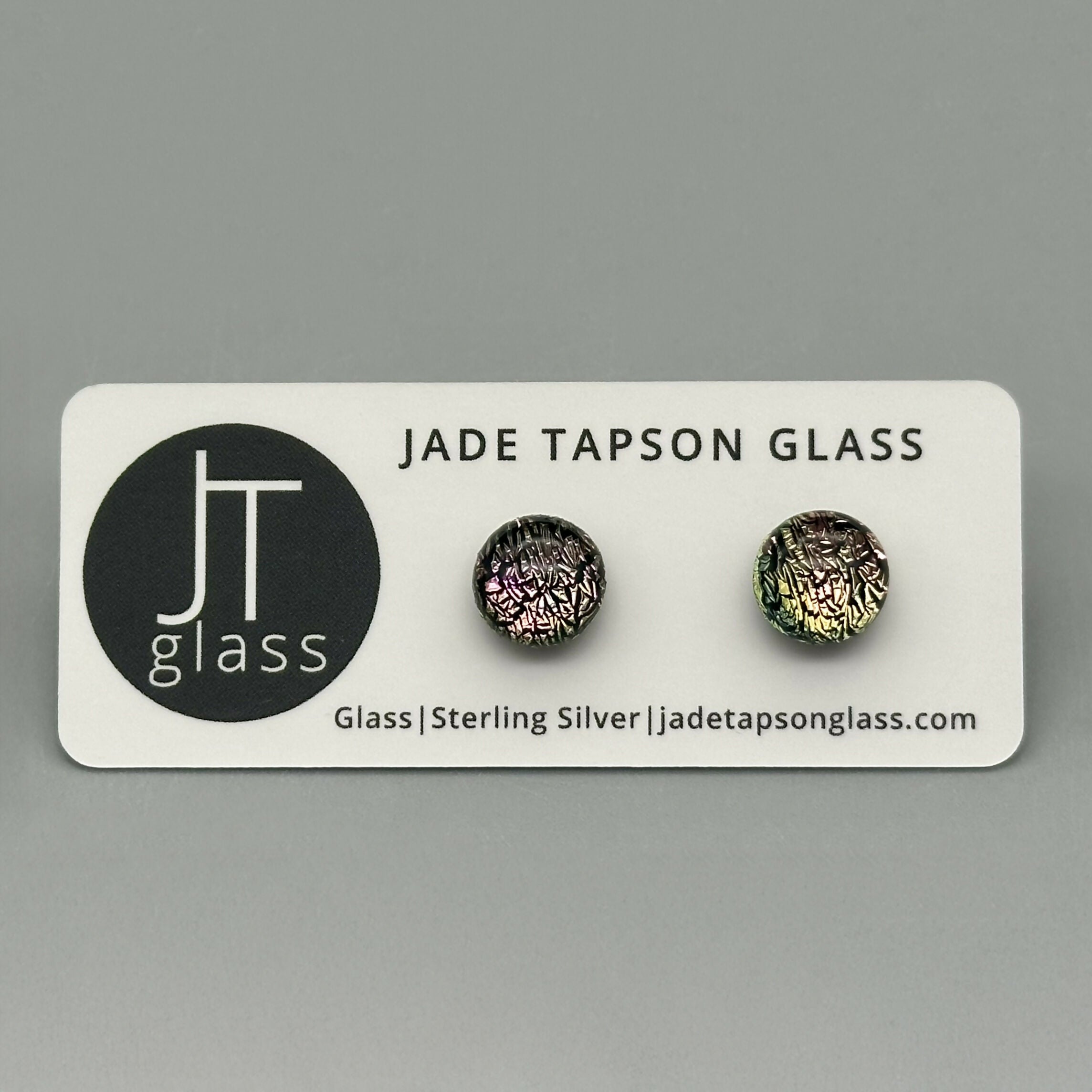 Pink & Yellow Dichroic Fused Glass Sterling Silver Stud Earrings - Handmade by Jade Tapson Glass.