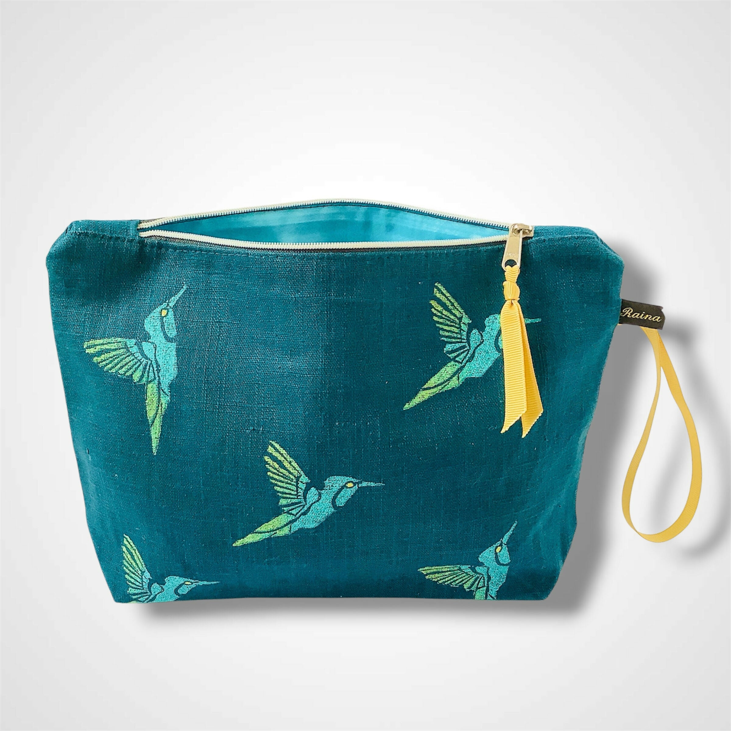 Turquoise Hummingbirds Linen Women’s Makeup Bag