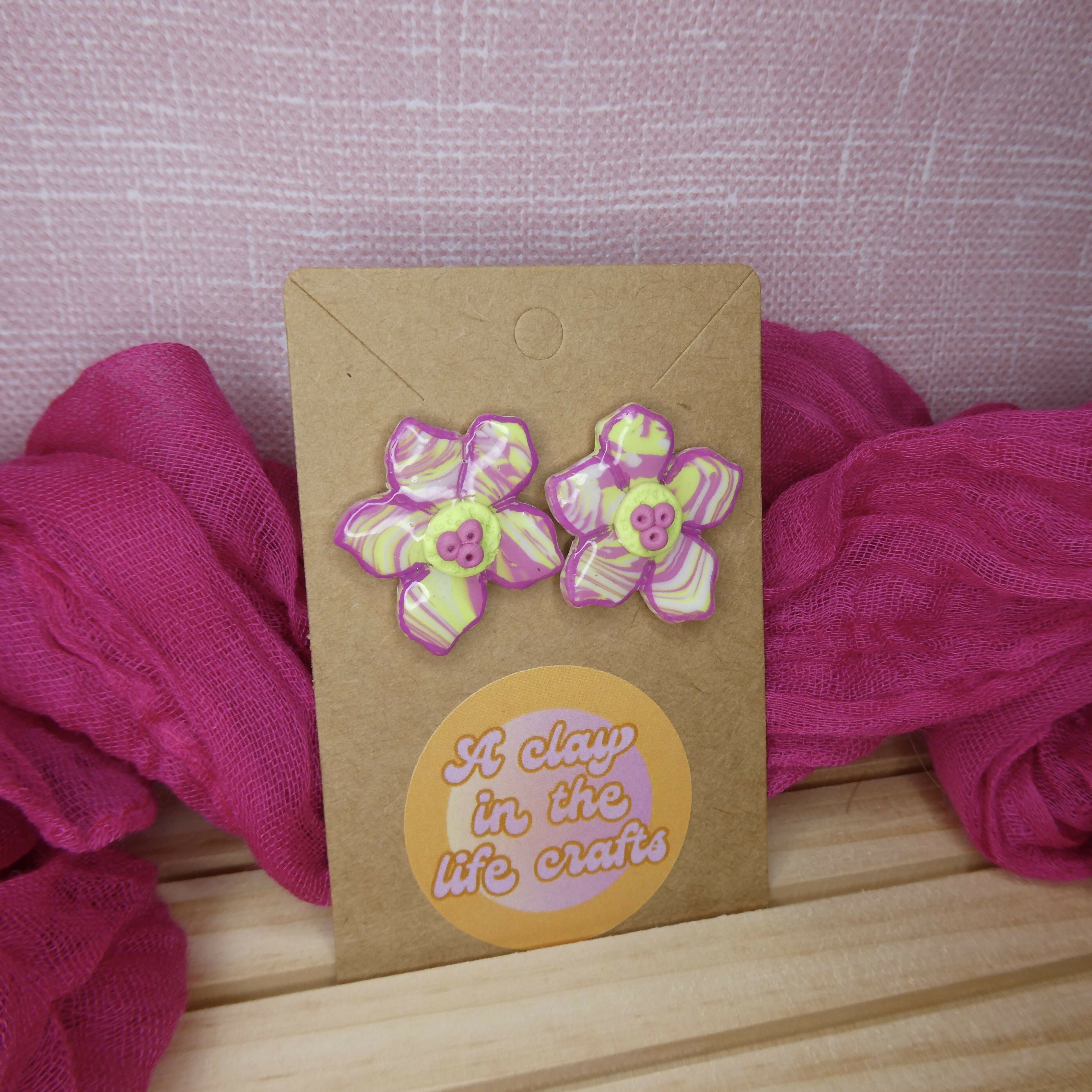 Pink And Green Stud Flower Polymer Clay Earrings