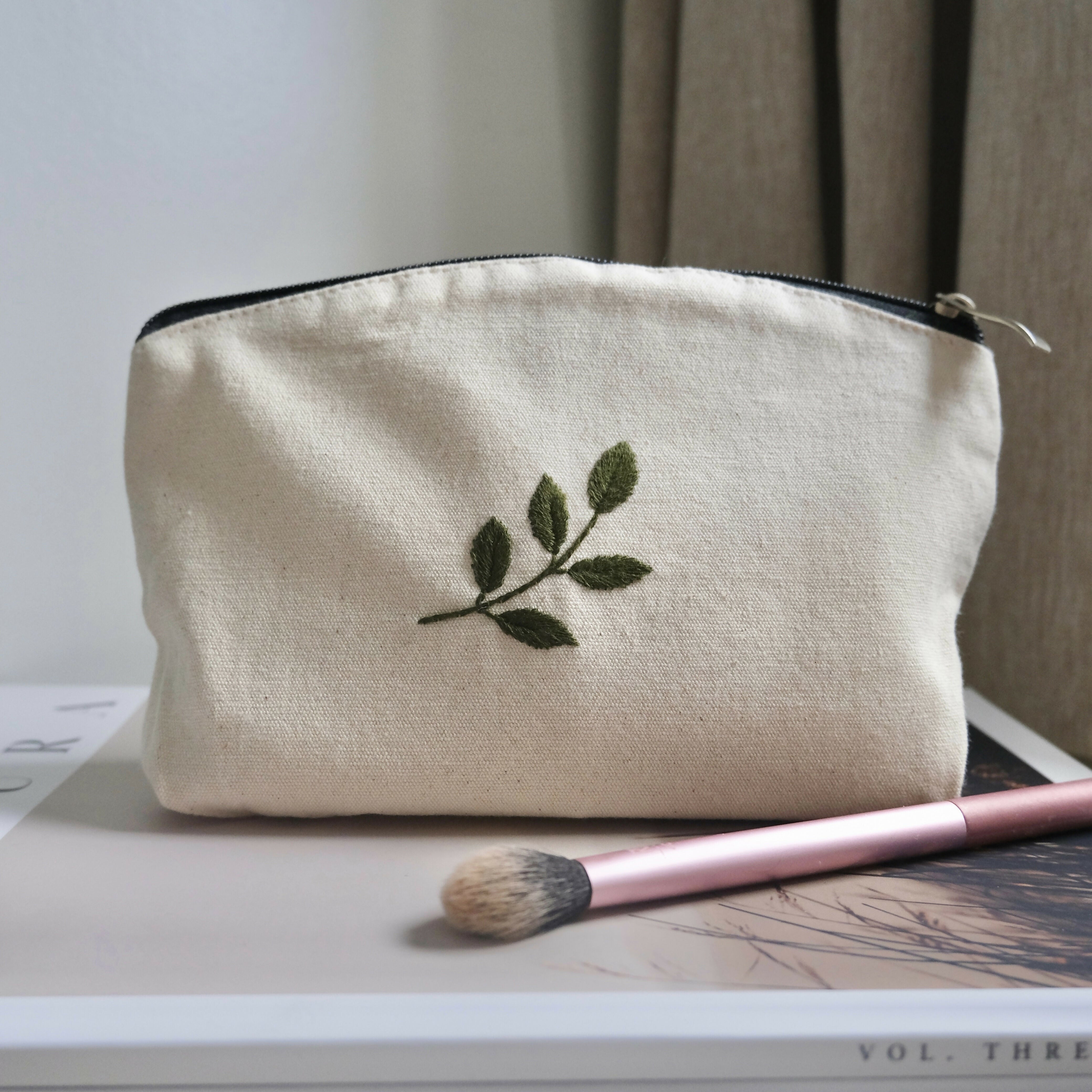 Hand Embroidered Leaf Make Up Bag